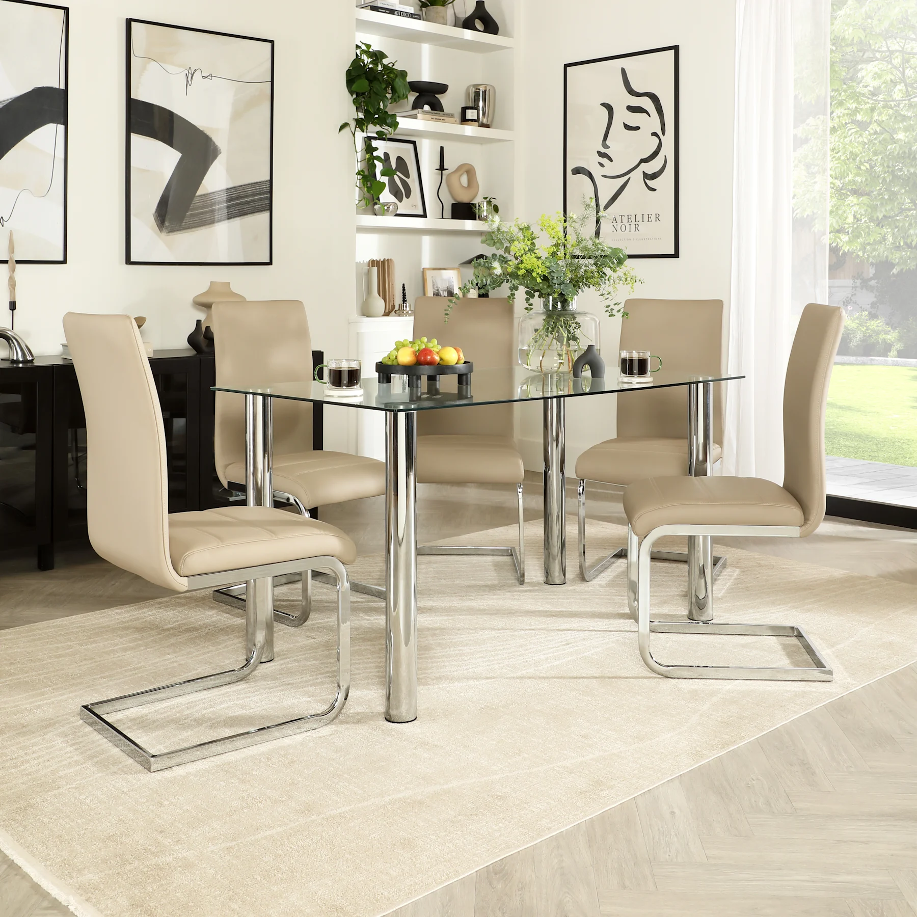 Lunar Dining Table & 6 Perth Chairs, Glass & Chrome, Stone Grey Premium Faux Leather, 140cm