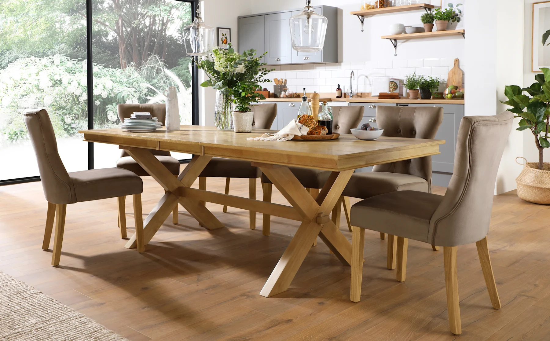 Grange Extending Dining Table & 4 Bewley Chairs, Natural Oak Veneer & Solid Hardwood, Beige Classic Velvet & Natural Oak Finished Solid Hardwood, 180-220cm