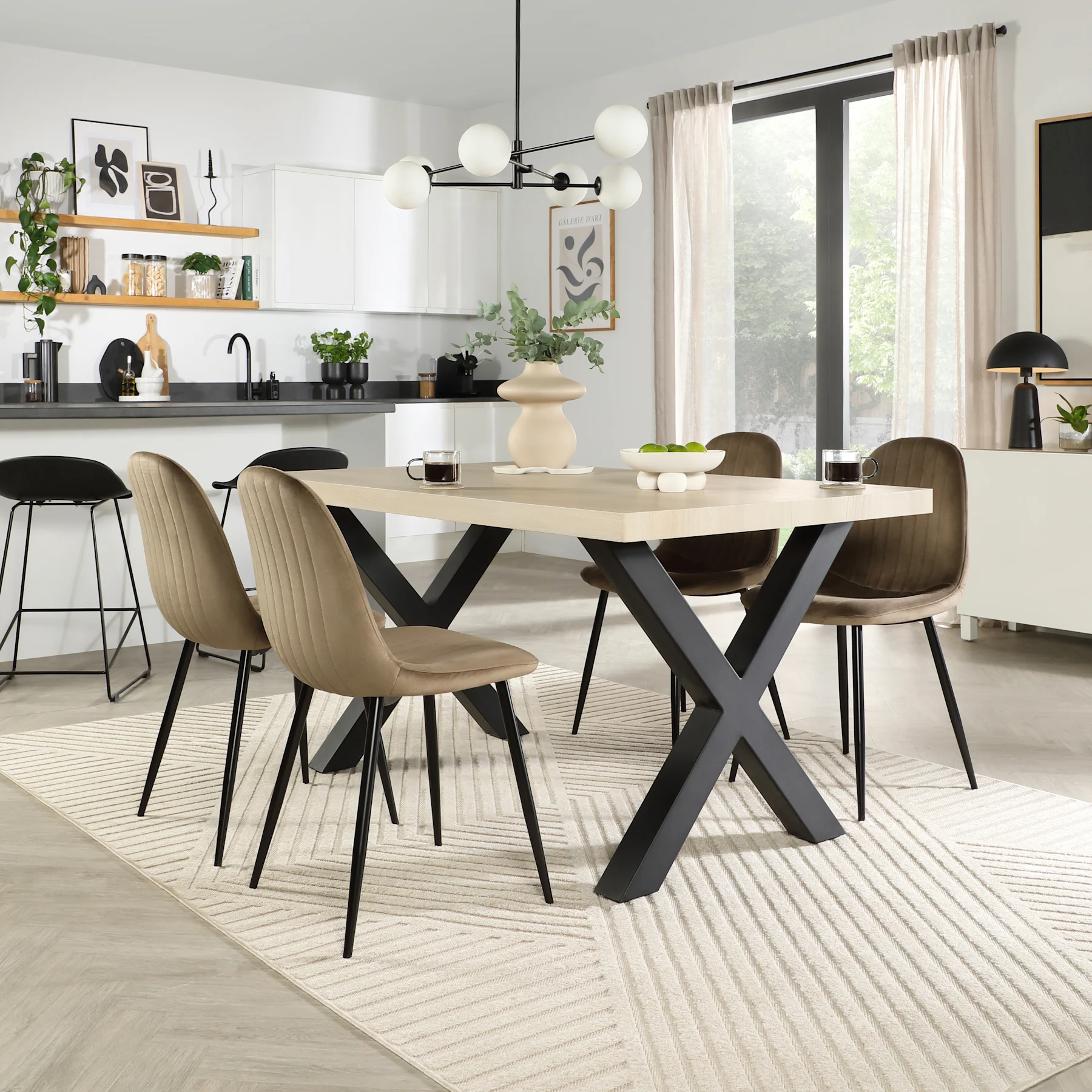 Franklin Dining Table & 4 Brooklyn Chairs, Light Oak Effect & Black Steel, Beige Classic Velvet, 150cm