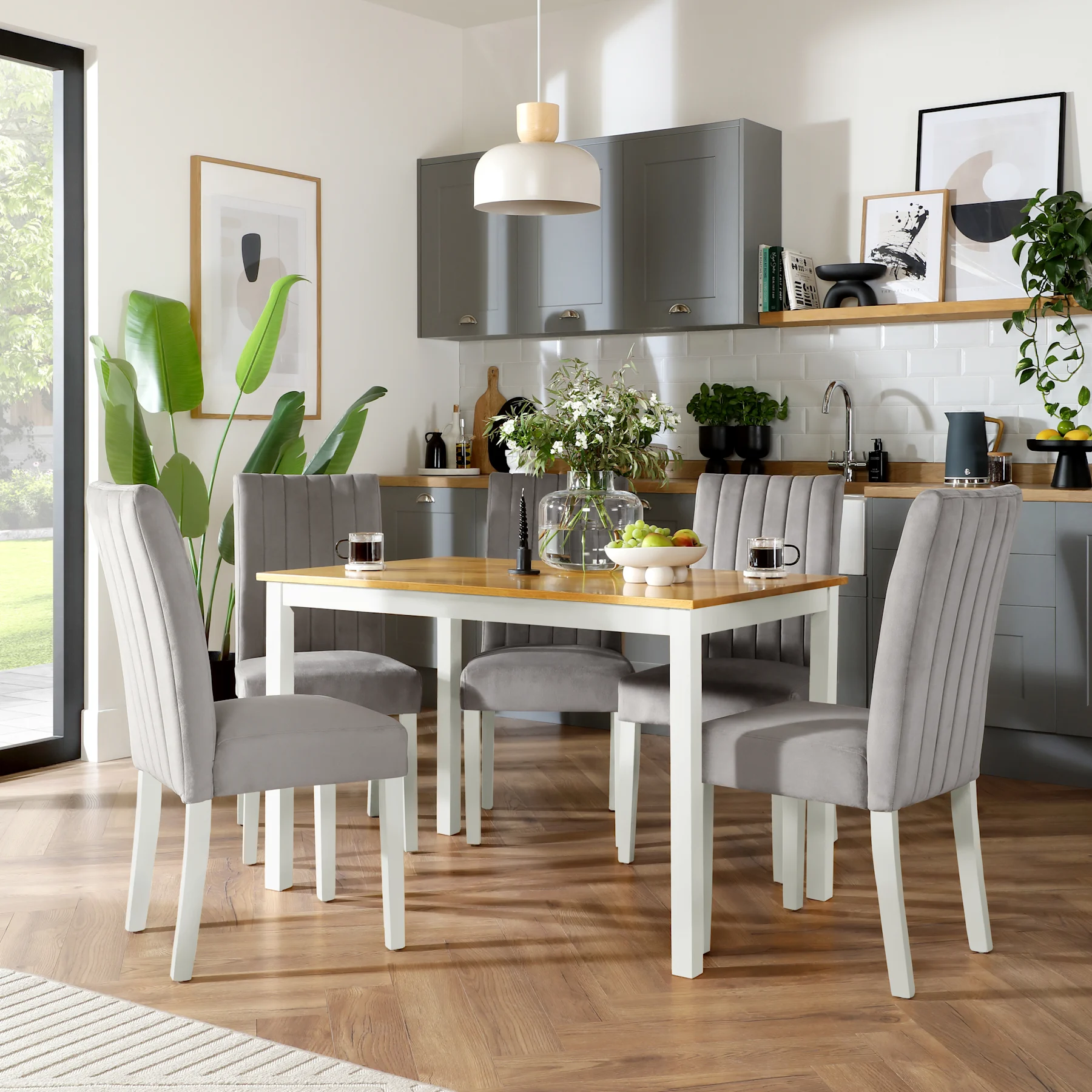 Milton Dining Table & 4 Salisbury Chairs, Natural Oak Finish & White Solid Hardwood, Grey Classic Velvet, 120cm