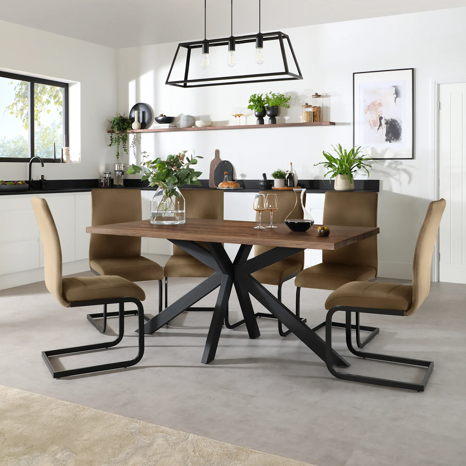 Madison Industrial Dining Table & 6 Perth Chairs, Walnut Effect & Black Steel, Beige Classic Velvet, 160cm