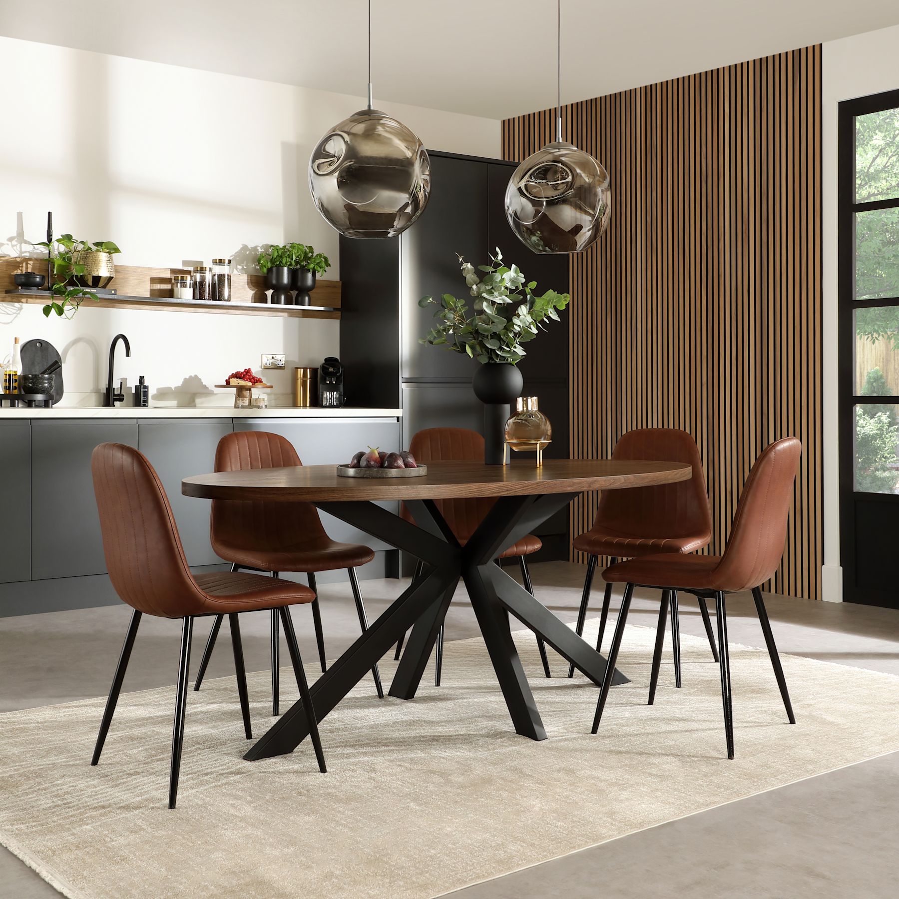 Madison Oval Industrial Dining Table & 6 Brooklyn Chairs, Walnut Effect ...