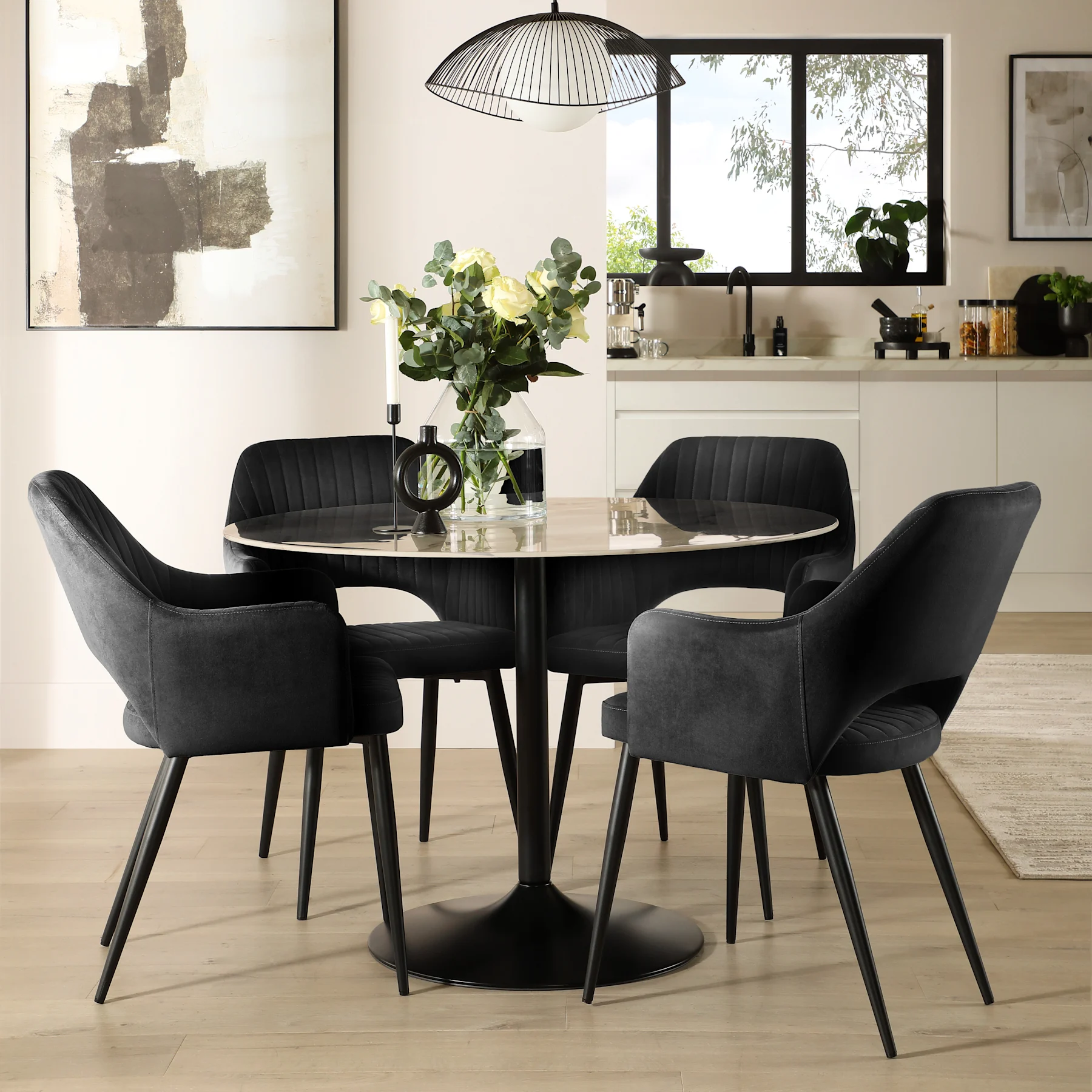 Orbit Round Dining Table & 4 Clara Chairs, Beige Marble Effect & Black Steel, Black Classic Velvet, 110cm