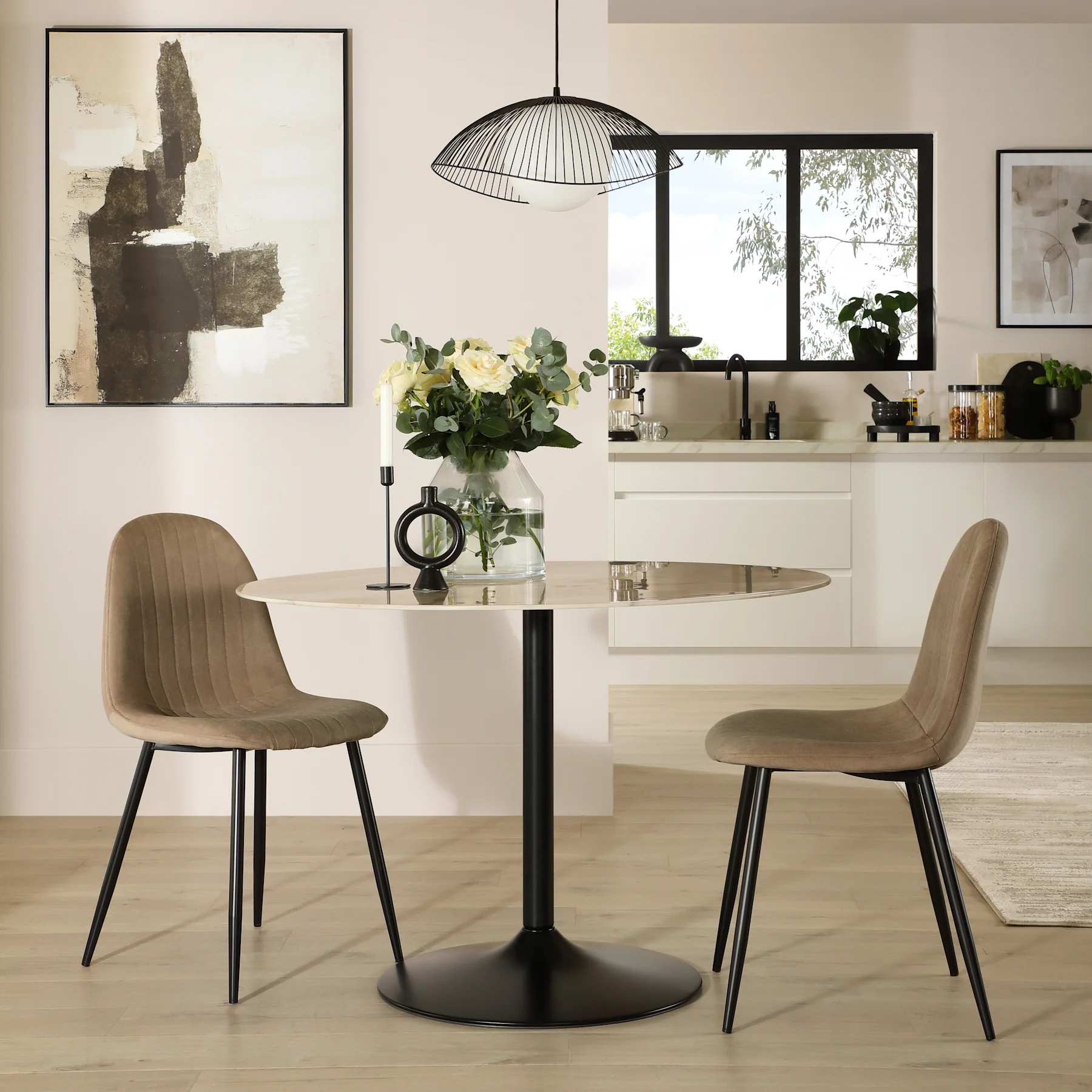 Orbit Round Dining Table & 2 Brooklyn Chairs, Beige Marble Effect & Black Steel, Beige Classic Velvet, 110cm