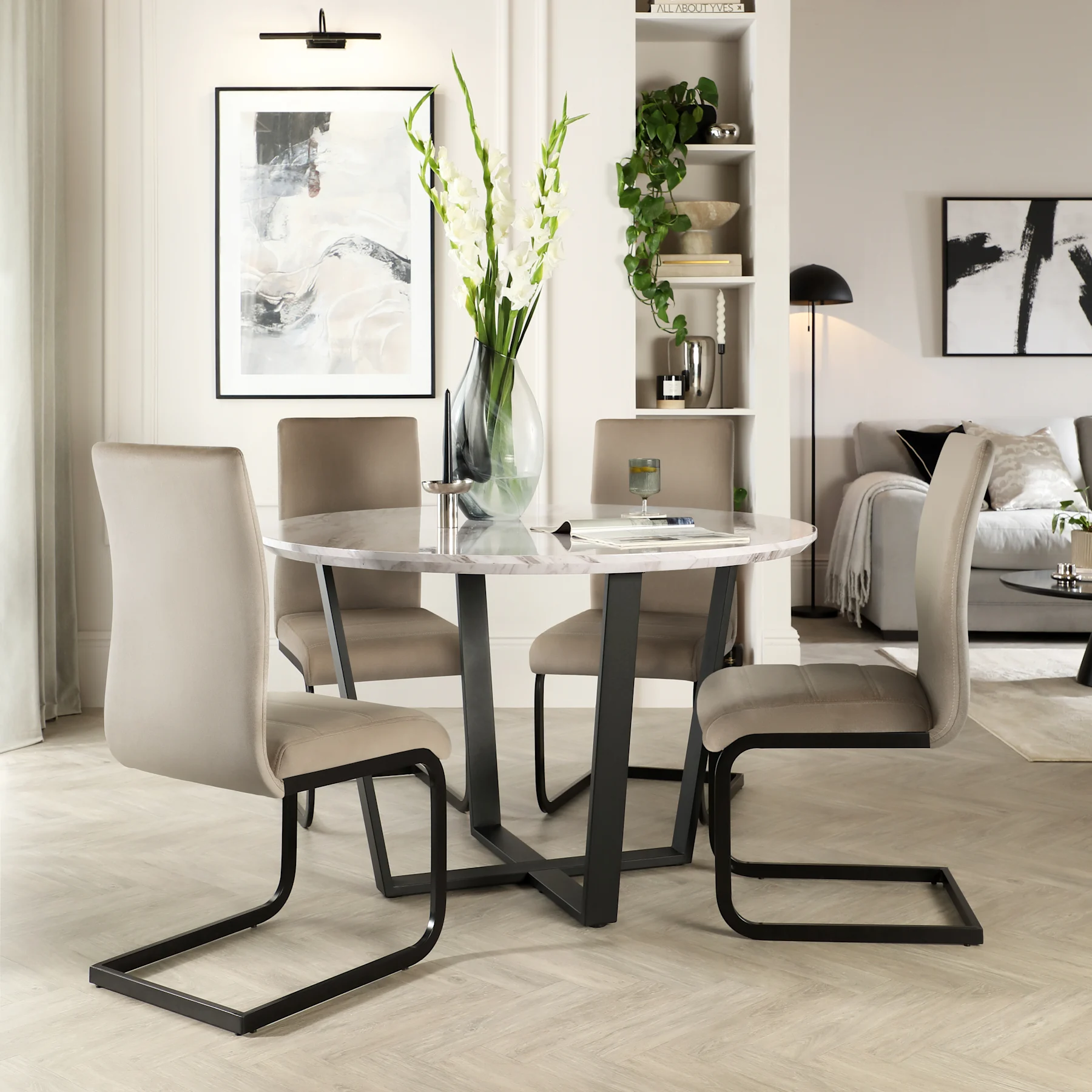 Traviso Round Dining Table & 4 Perth Chairs, Grey Marble Effect & Black Steel, Champagne Classic Velvet, 120cm