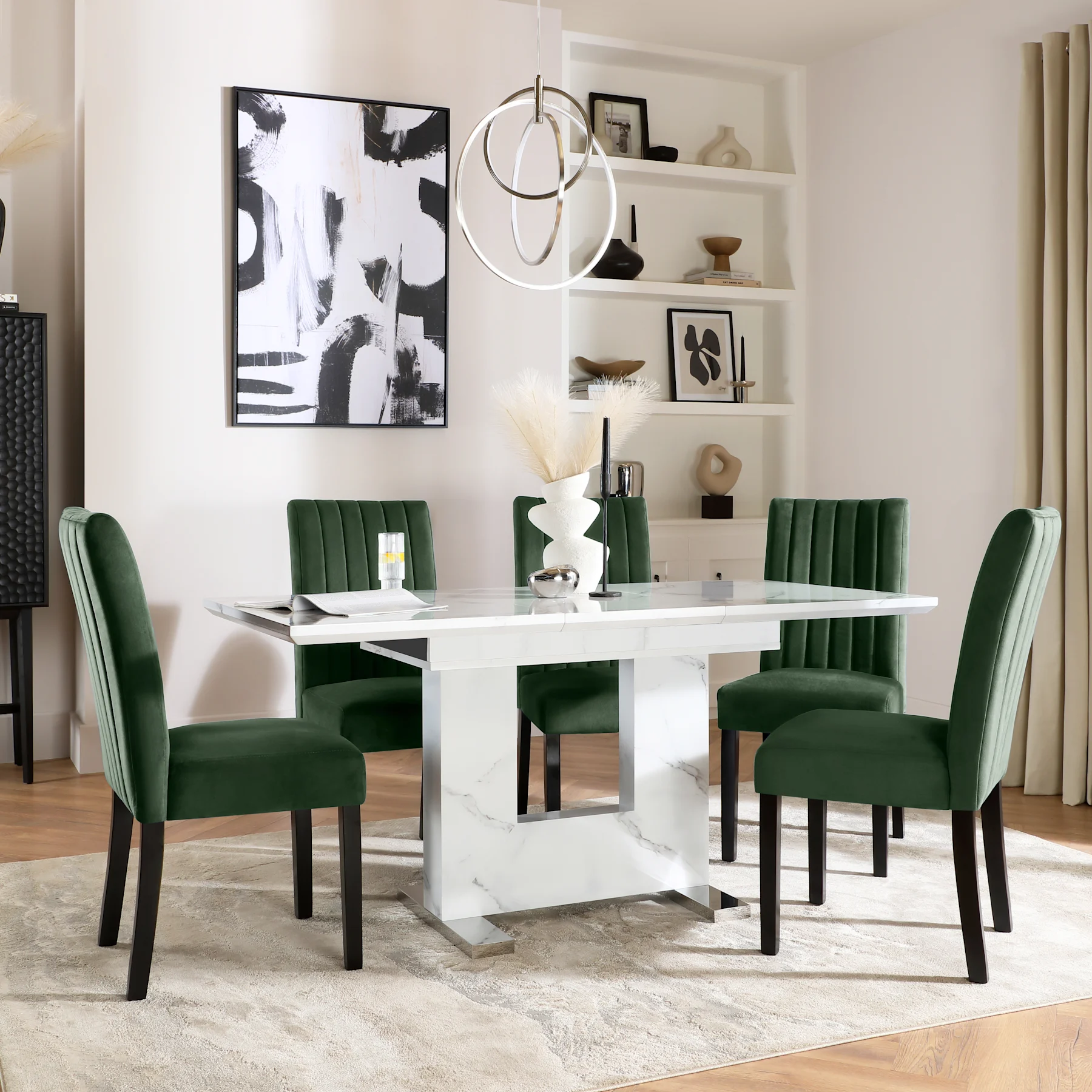 Florence Extending Dining Table & 4 Salisbury Chairs, White Marble Effect, Moss Green Classic Velvet & Black Solid Hardwood, 120-160cm