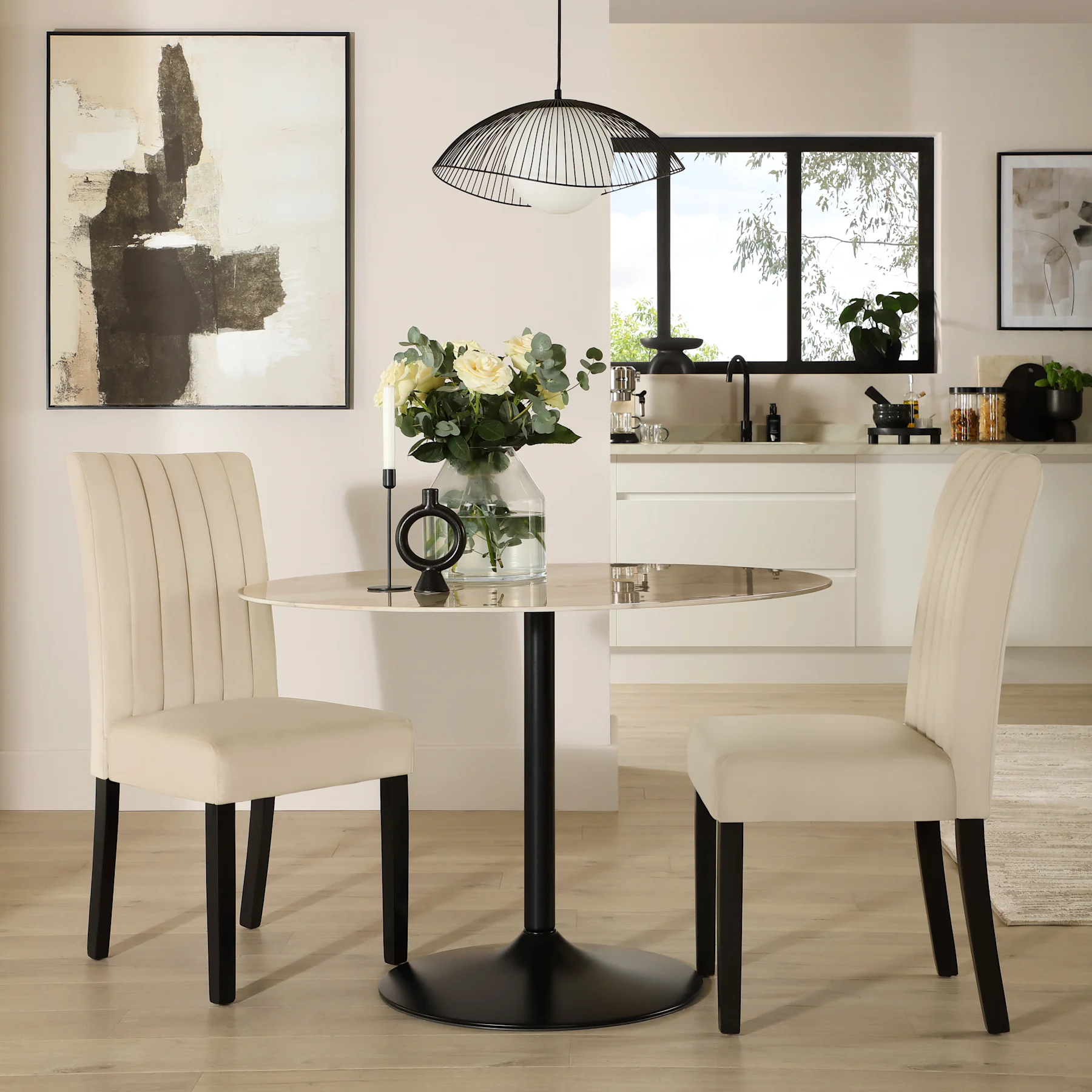 Orbit Round Dining Table & 2 Salisbury Chairs, Beige Marble Effect & Black Steel, Ivory Classic Plush Fabric & Black Solid Hardwood, 110cm