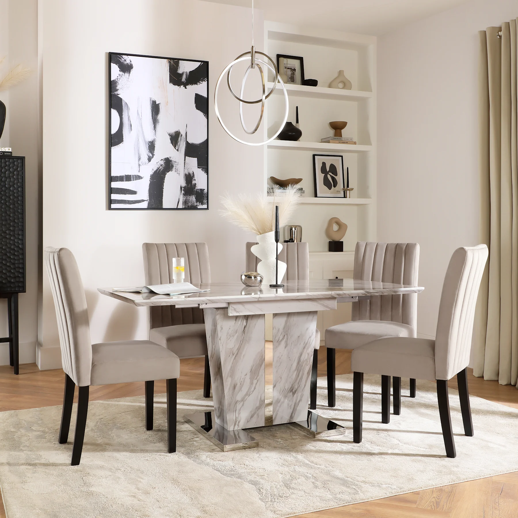 Vienna Extending Dining Table & 6 Salisbury Chairs, Grey Marble Effect, Beige Classic Plush Fabric & Black Solid Hardwood, 120-160cm