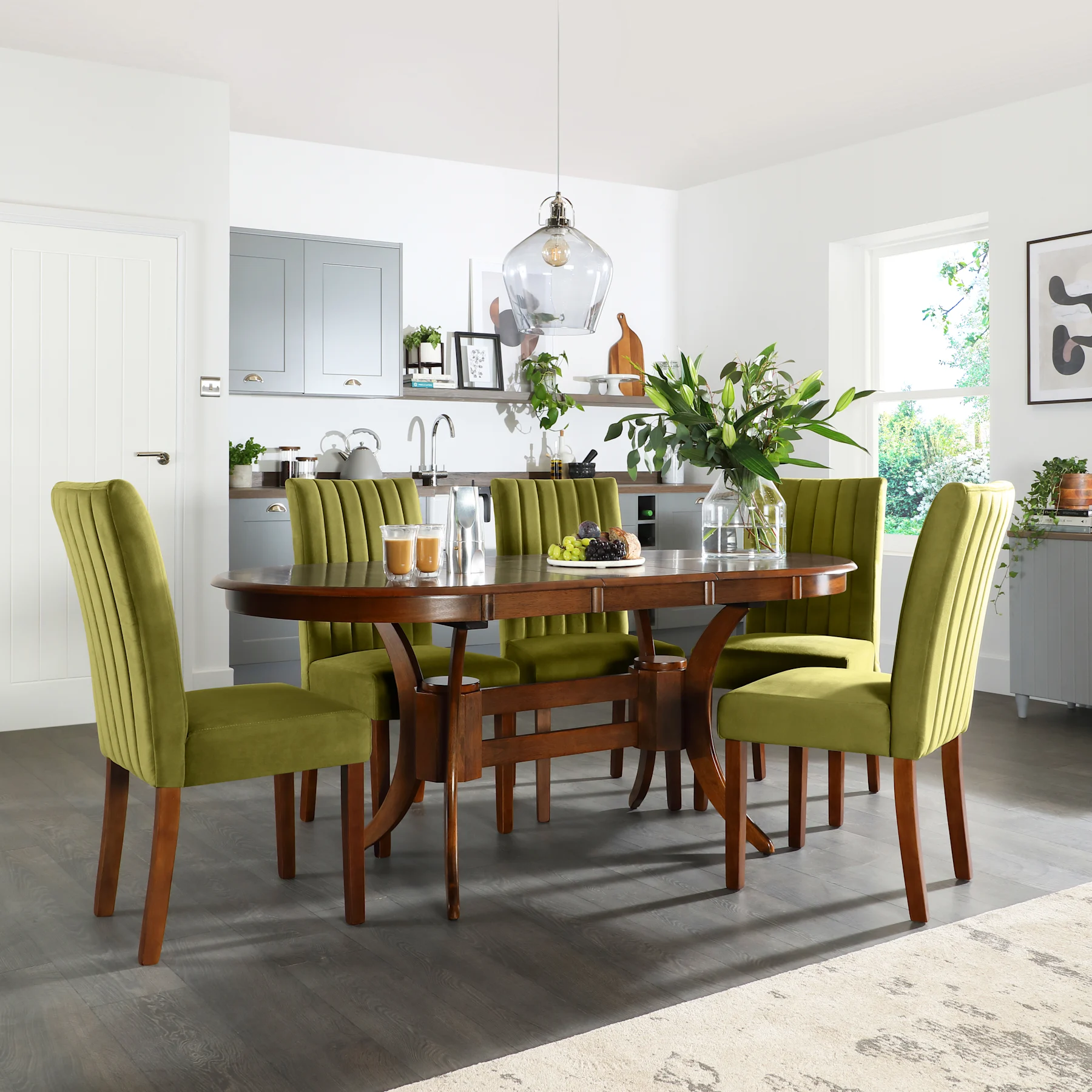 Townhouse Oval Extending Dining Table & 4 Salisbury Chairs, Dark Solid Hardwood, Olive Green Classic Velvet, 150-180cm