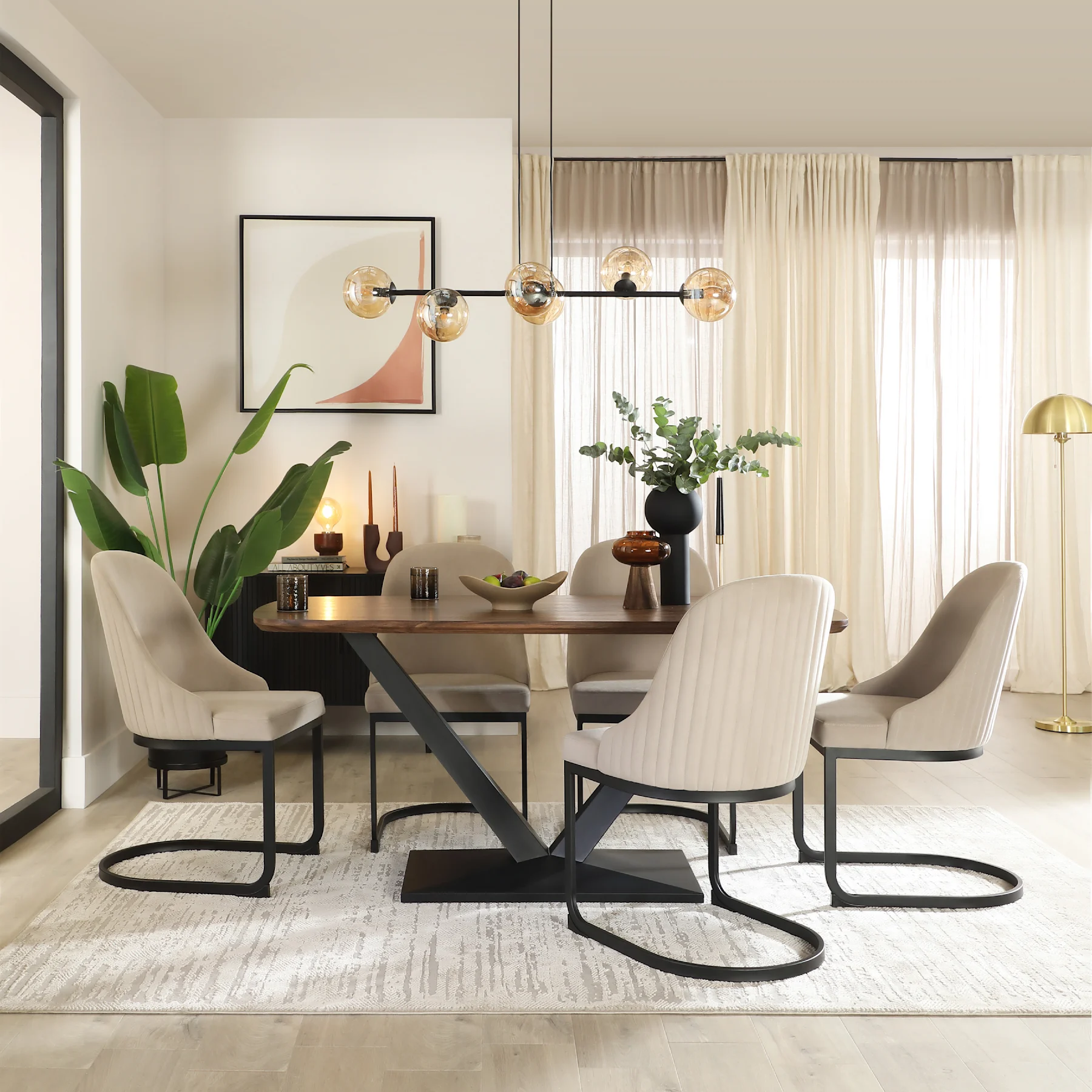 Avanta Dining Table & 6 Riva Dining Chairs, Walnut Effect & Black Steel, Champagne Classic Velvet, 160cm