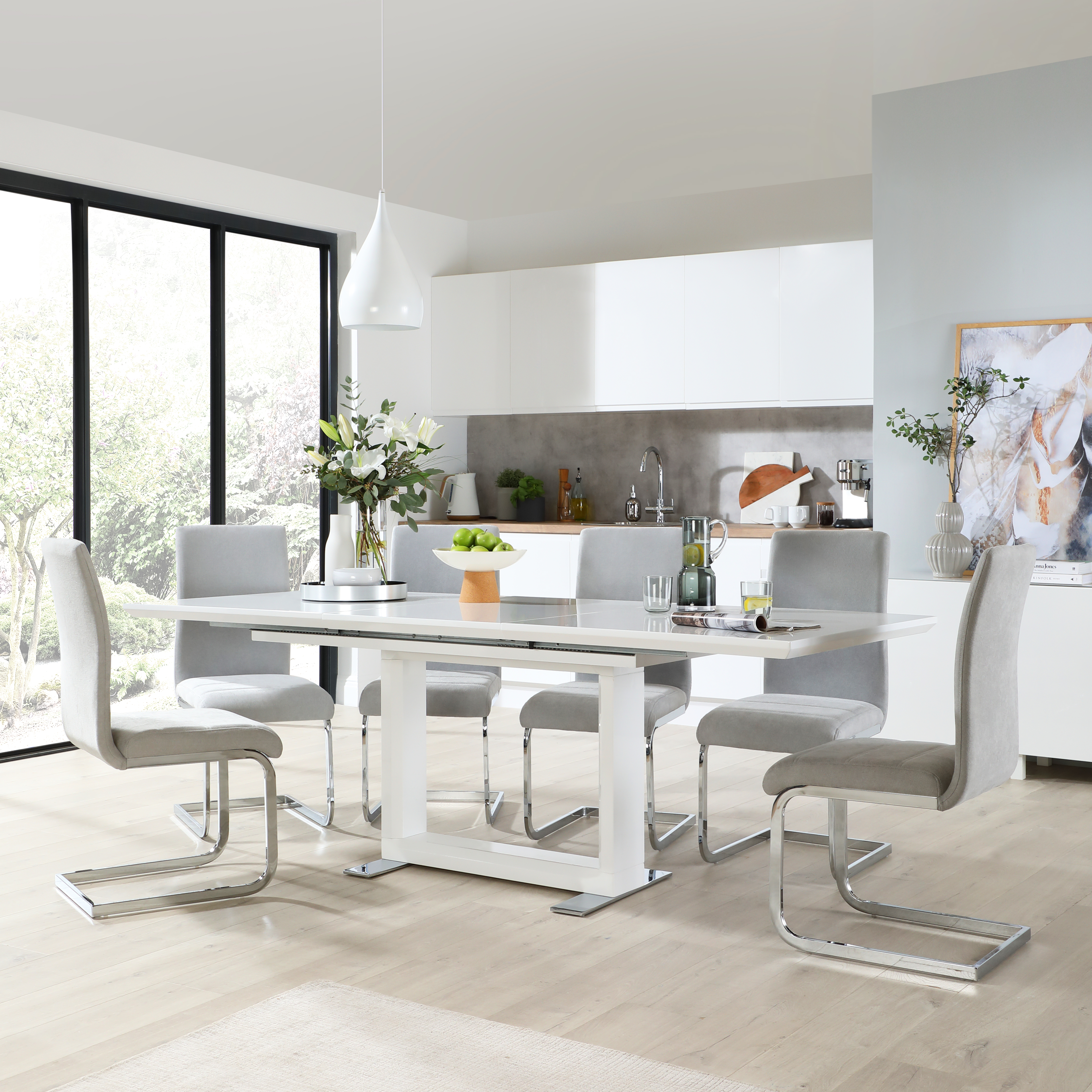 Tokyo Extending Dining Table & 6 Perth Chairs, White High Gloss