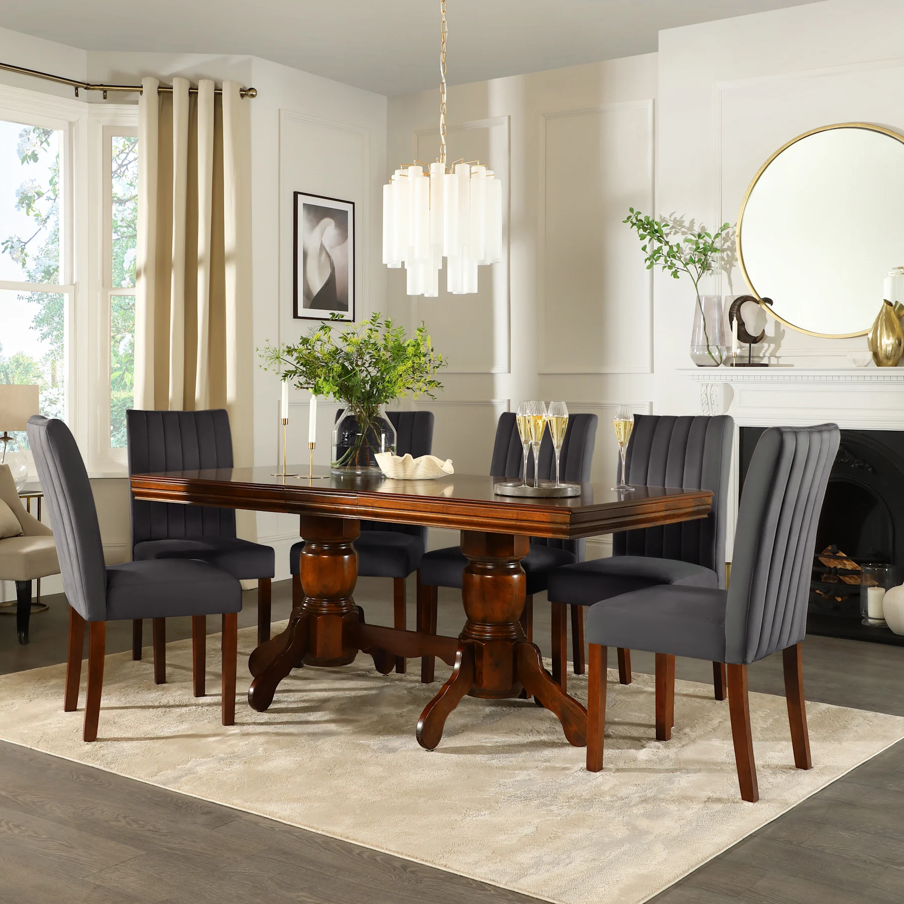 Chatsworth Extending Dining Table & 8 Salisbury Chairs, Dark Birch Veneer & Solid Hardwood, Slate Grey Classic Plush Fabric & Dark Solid Hardwood, 150-180cm