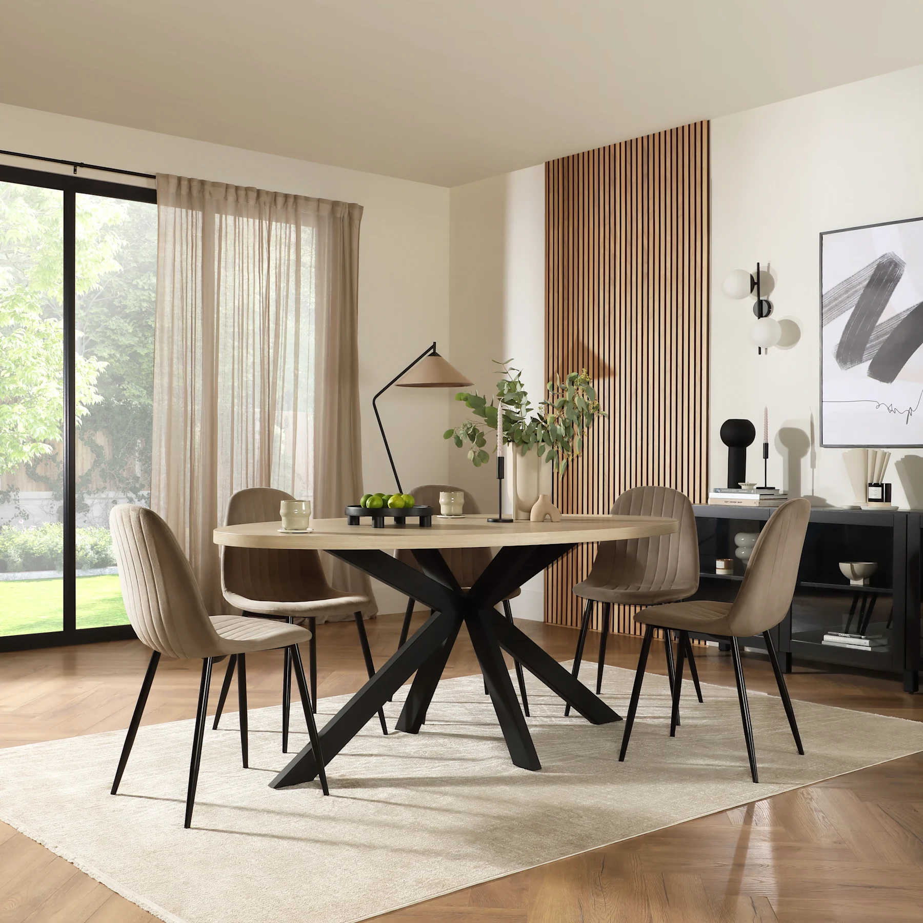 Madison Oval Dining Table & 6 Brooklyn Chairs, Light Oak Effect & Black Steel, Beige Classic Velvet, 180cm