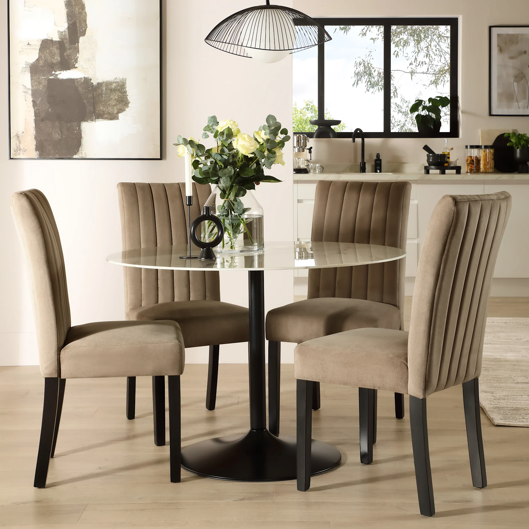 Orbit Round Dining Table & 2 Salisbury Dining Chairs, White Marble Effect & Black Steel, Beige Classic Velvet & Black Solid Hardwood, 110cm