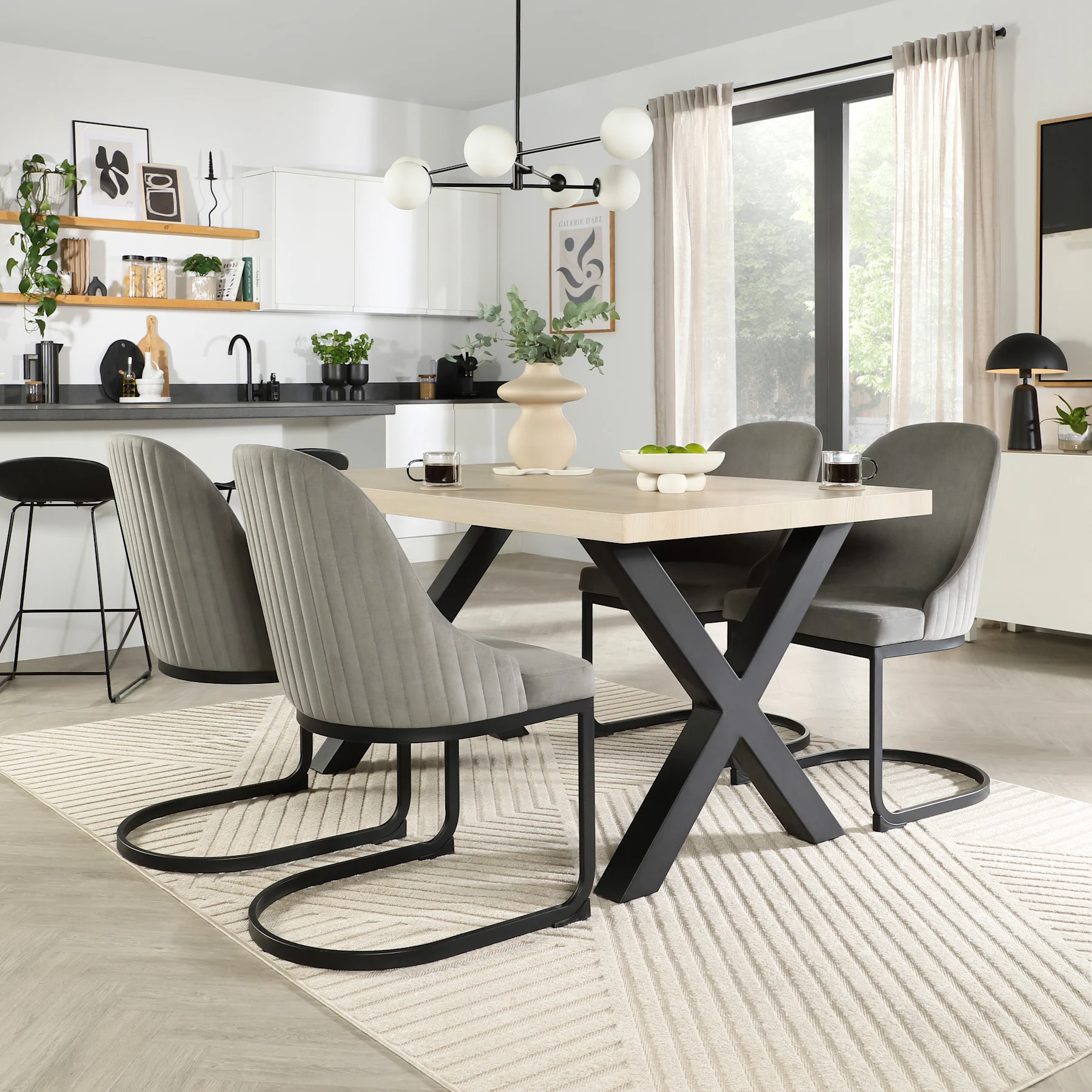 Franklin Dining Table & 4 Riva Chairs, Light Oak Effect & Black Steel, Grey Classic Velvet, 150cm
