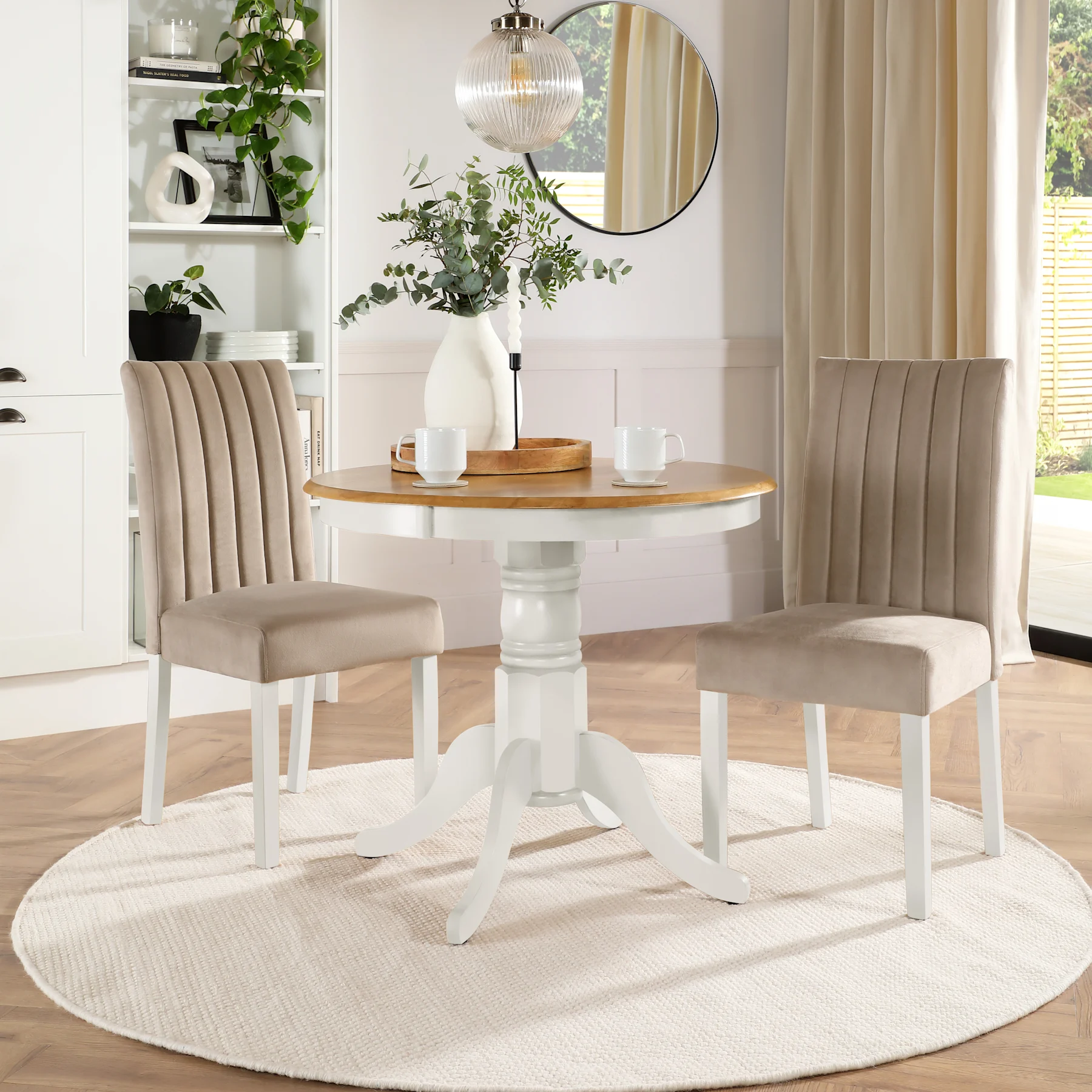 Kingston Round Dining Table & 2 Salisbury Chairs, Natural Oak Finish & White Solid Hardwood, Champagne Classic Velvet, 90cm