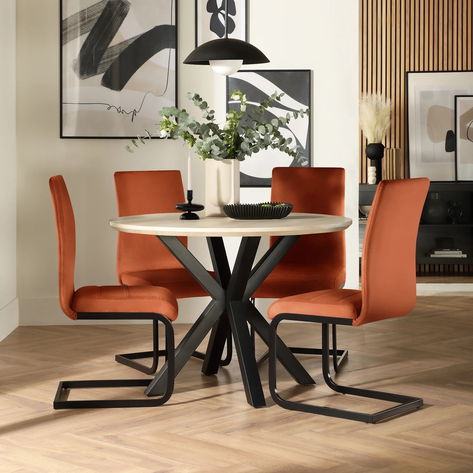 Newark Round Dining Table & 2 Perth Chairs, Light Oak Effect & Black Steel, Burnt Orange Classic Velvet, 110cm