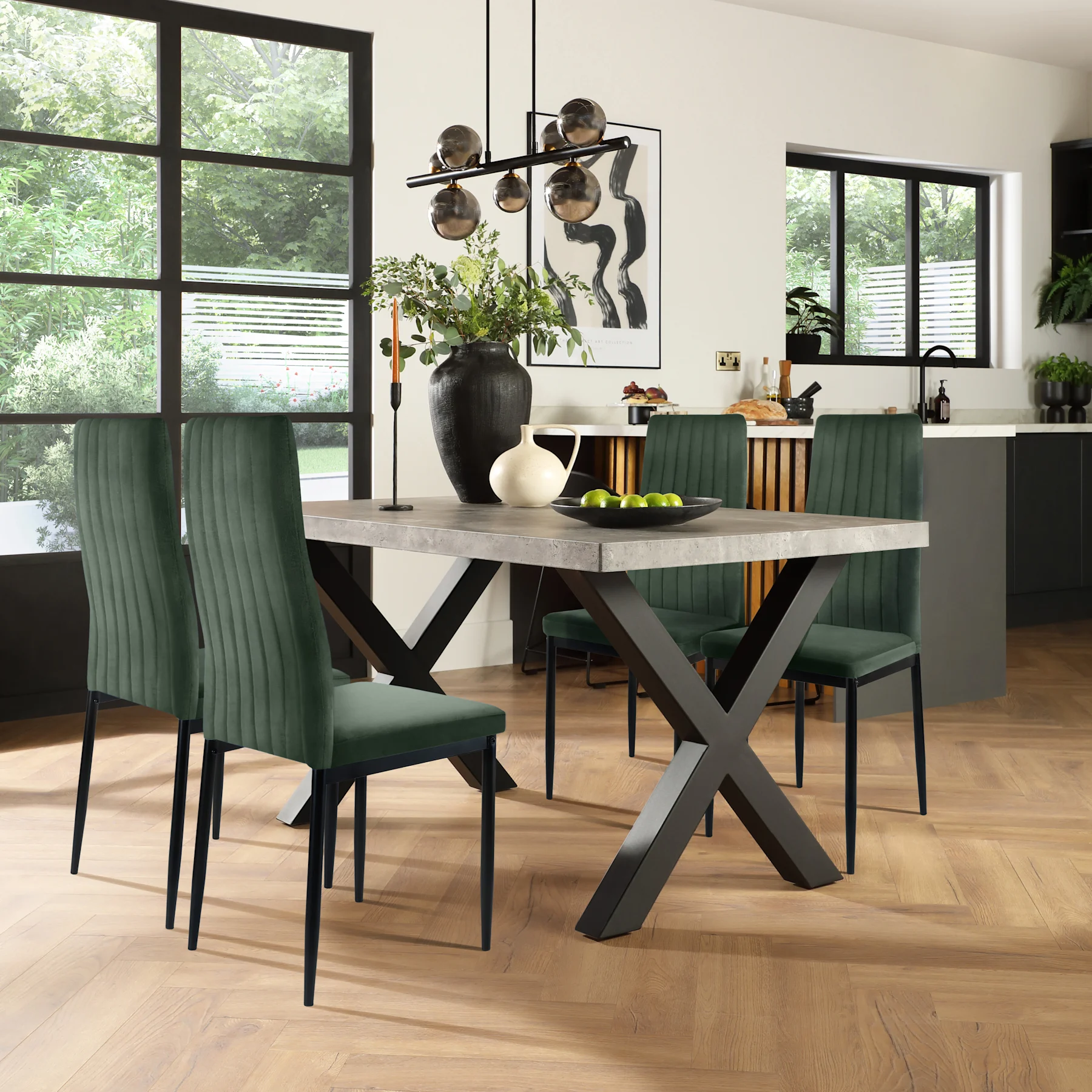 Franklin Industrial Dining Table & 4 Leon  Chairs, Grey Concrete Effect & Black Steel, Moss Green Classic Velvet, 150cm