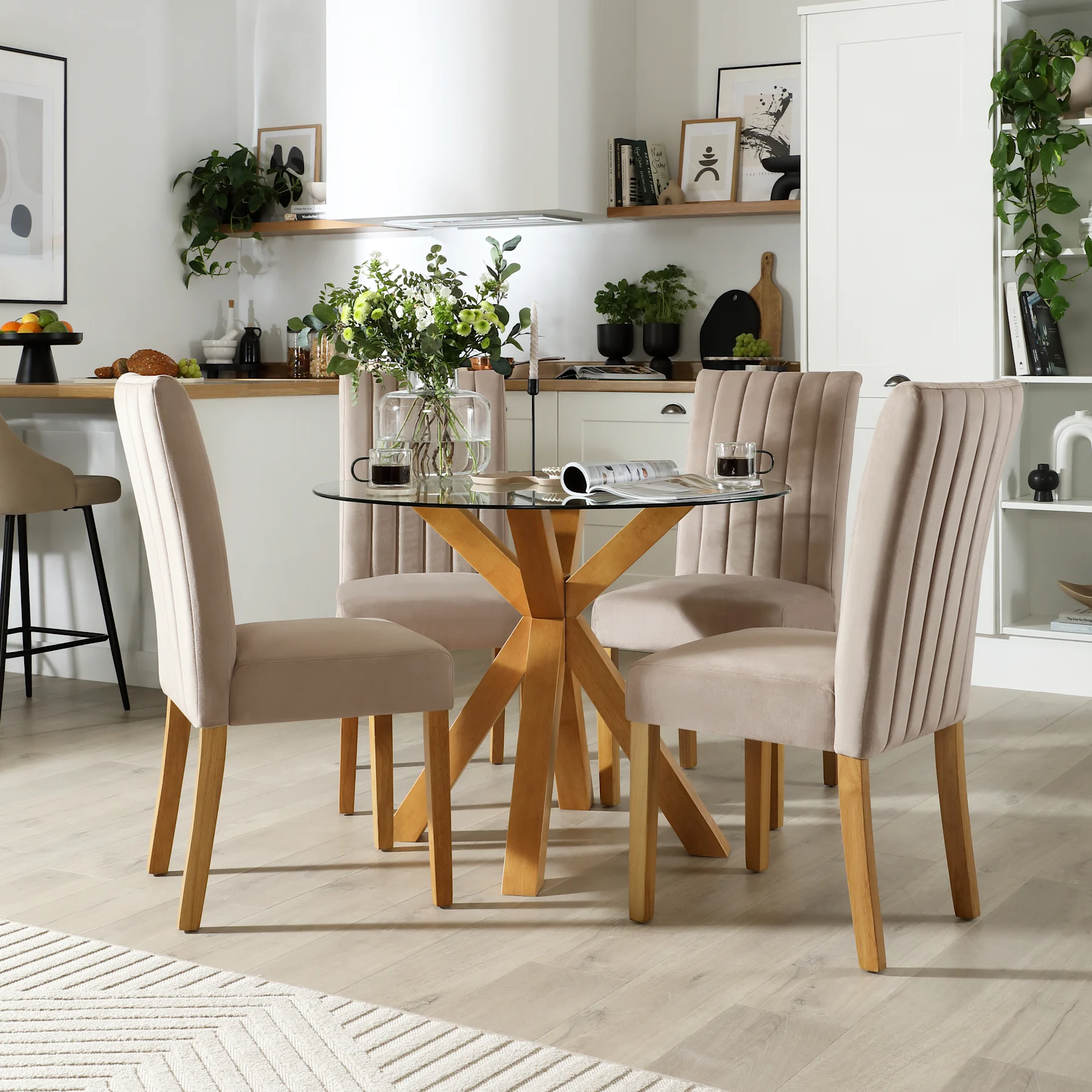 Hatton Round Dining Table & 2 Salisbury Chairs, Glass & Natural Oak Finished Solid Hardwood, Beige Classic Plush Fabric, 100cm