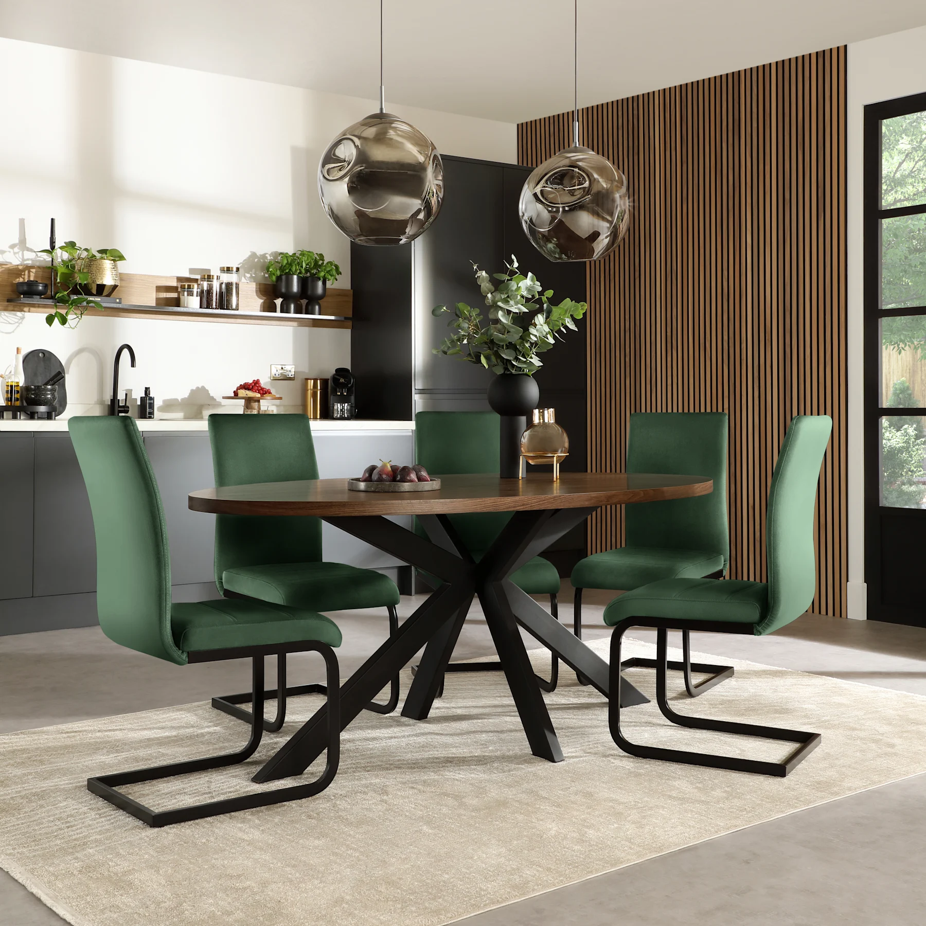 Madison Oval Industrial Dining Table & 6 Perth Chairs, Walnut Effect & Black Steel, Moss Green Classic Velvet, 180cm