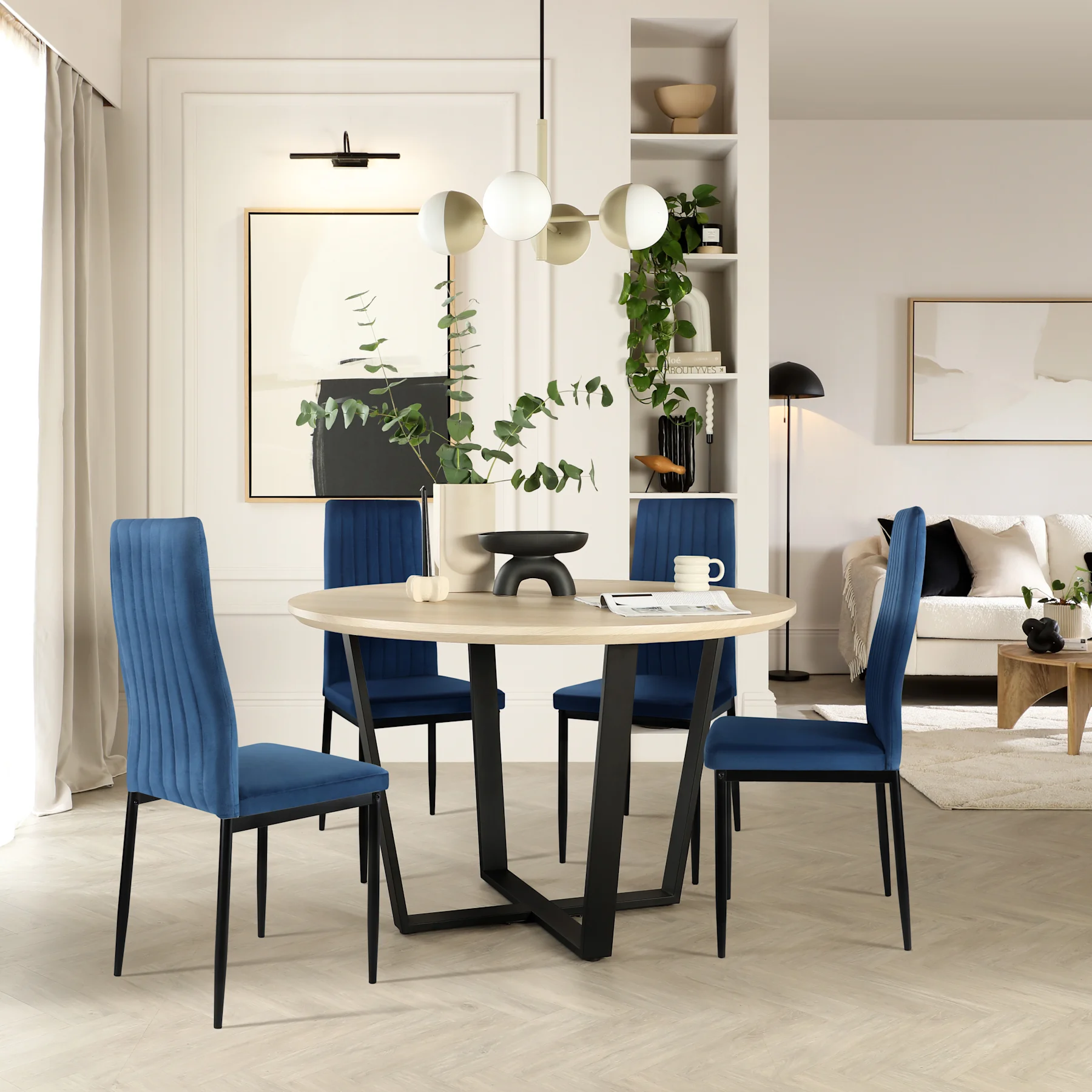 Traviso Round Dining Table & 4 Leon Chairs, Light Oak Effect & Black Steel, Blue Classic Velvet, 120cm