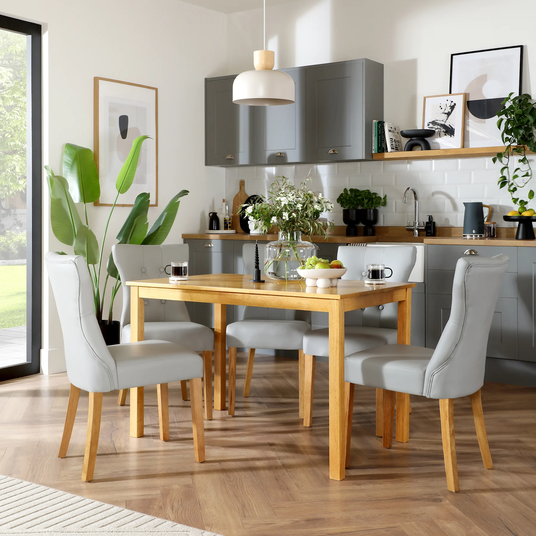 Milton Dining Table & 6 Bewley Chairs, Natural Oak Finished Solid Hardwood, Light Grey Premium Faux Leather, 120cm
