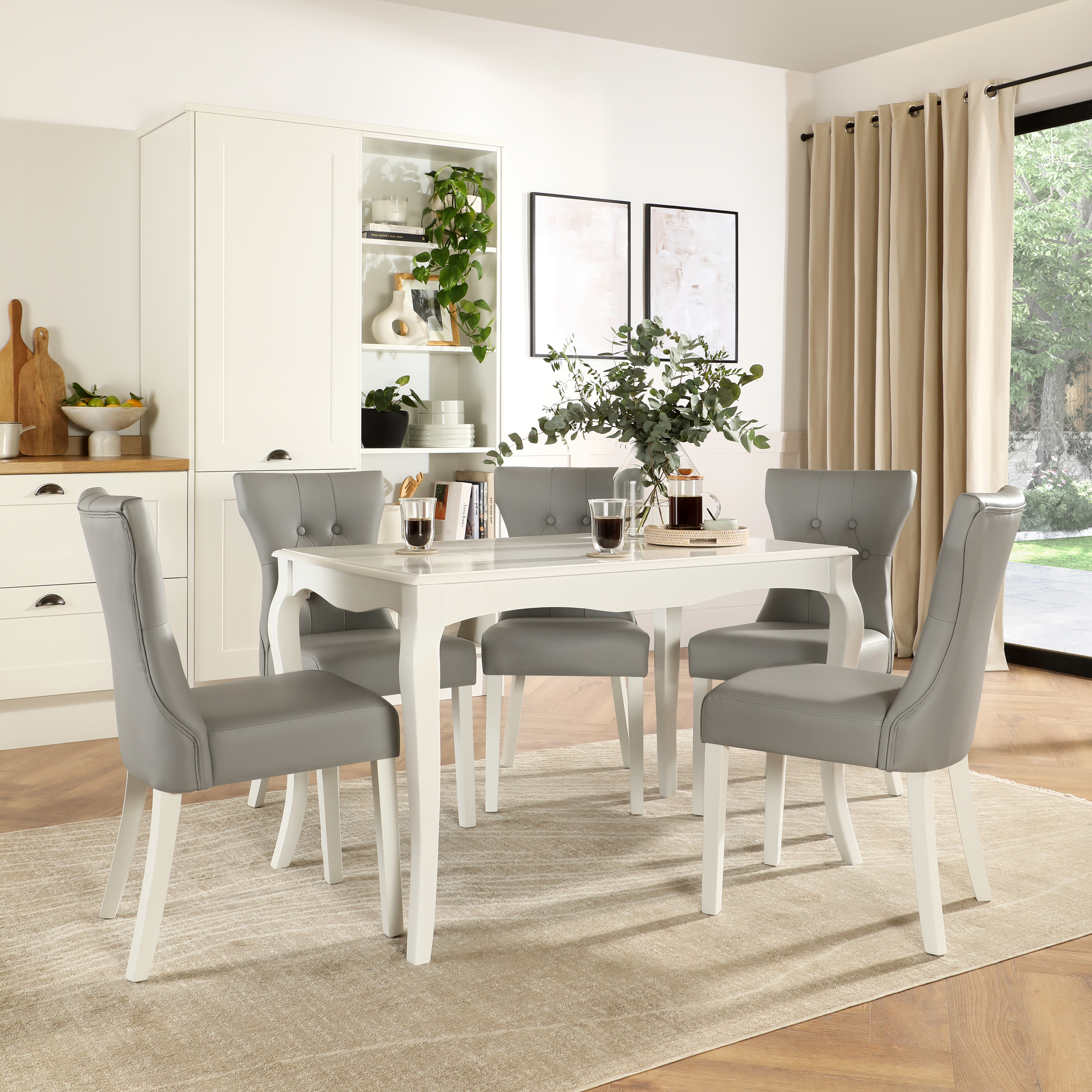 Clarendon Dining Table Bewley Chairs, White Wood, Light Grey