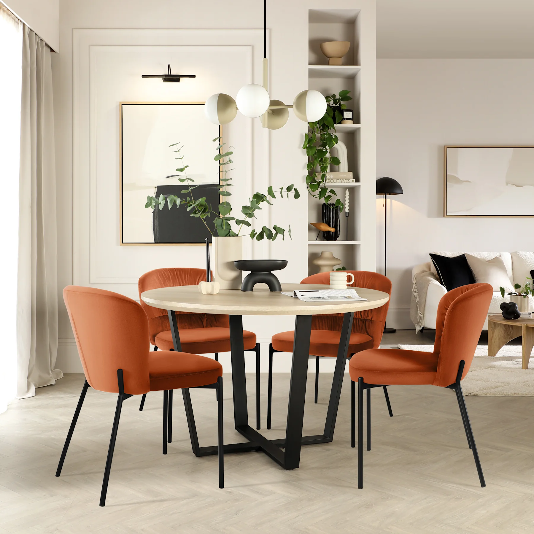 Traviso Round Dining Table & 4 Gianna Chairs, Light Oak Effect & Black Steel, Burnt Orange Classic Velvet, 120cm