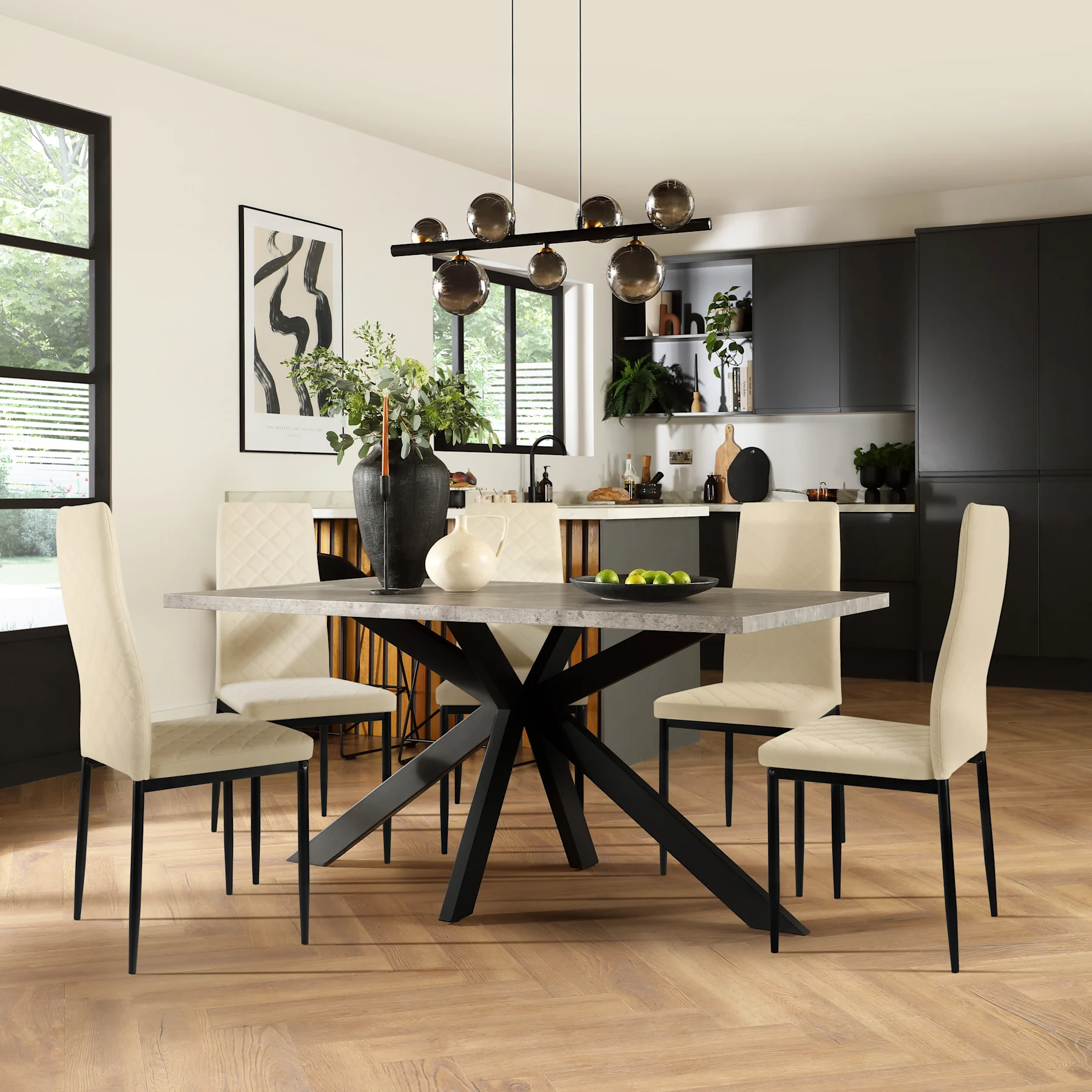 Madison Industrial Dining Table & 4 Renzo  Chairs, Grey Concrete Effect & Black Steel, Ivory Classic Plush Fabric, 150cm