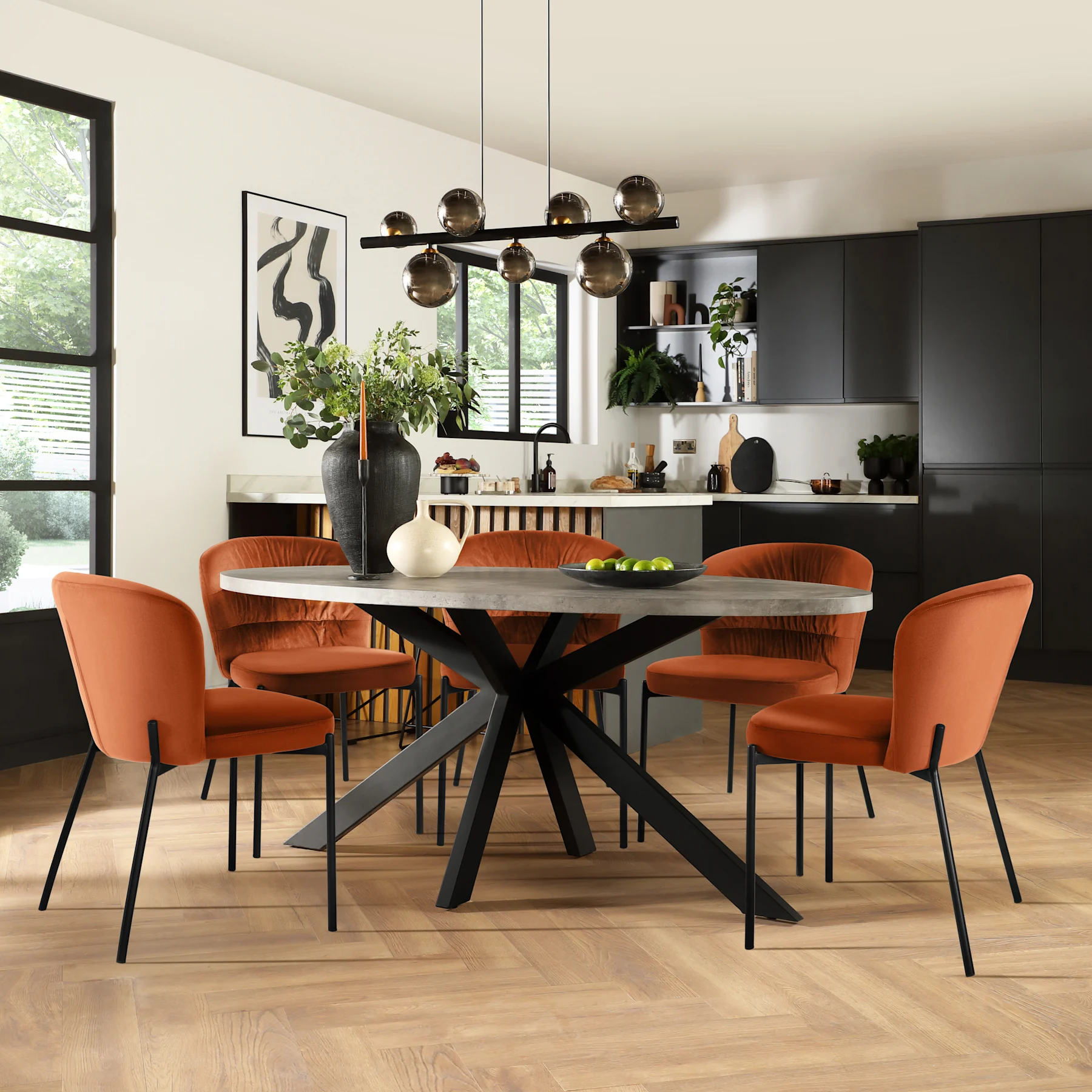 Madison Oval Industrial Dining Table & 6 Gianna Chairs, Grey Concrete Effect & Black Steel, Burnt Orange Classic Velvet, 180cm