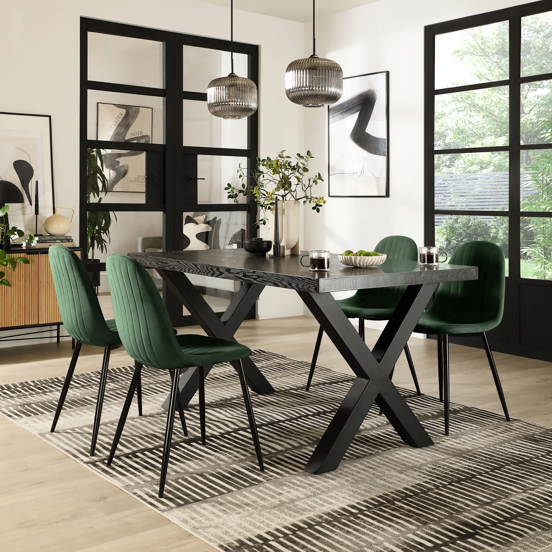 Franklin Dining Table & 4 Brooklyn Chairs, Black Oak Effect & Black Steel, Moss Green Classic Velvet, 150cm