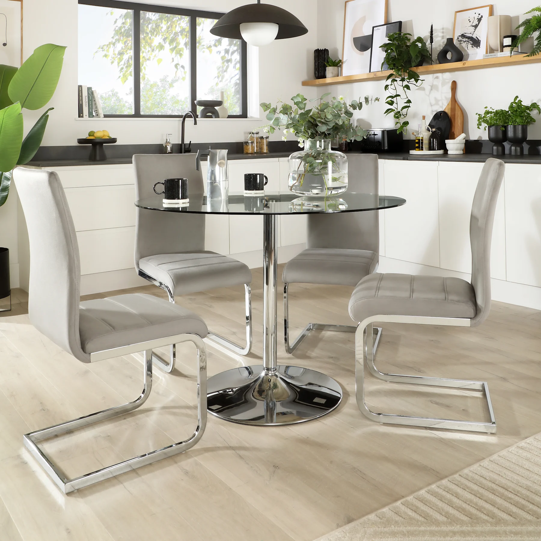 Orbit Round Dining Table & 4 Perth Chairs, Glass & Chrome, Grey Classic Velvet, 110cm