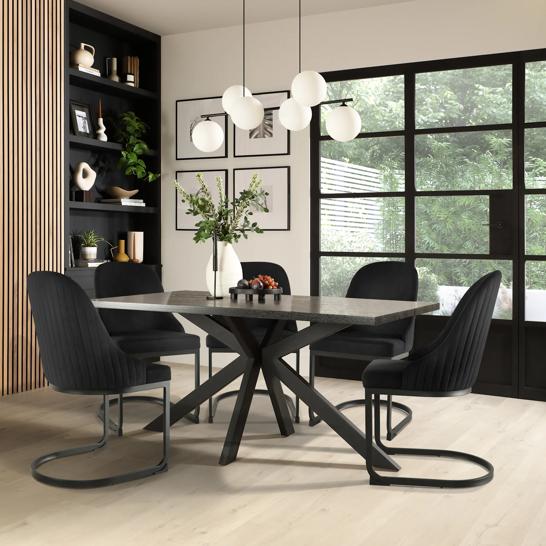 Madison Dining Table & 4 Riva Chairs, Black Oak Effect & Black Steel, Black Classic Velvet, 160cm