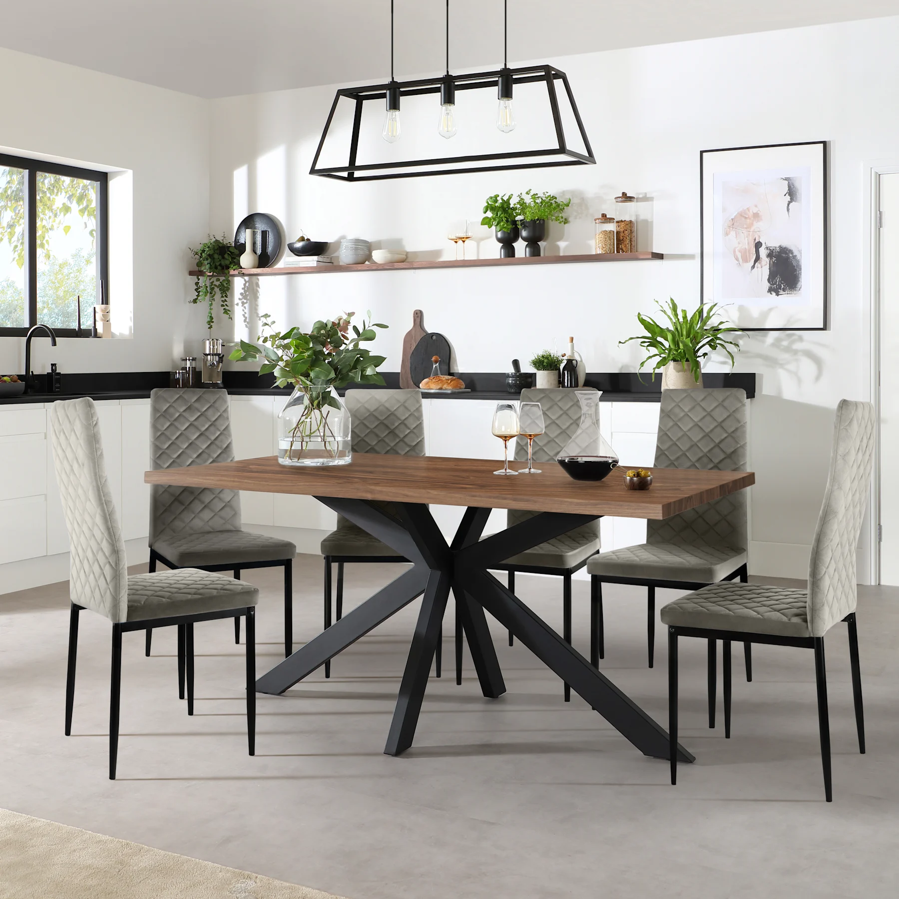 Madison Industrial Dining Table & 6 Renzo  Chairs, Walnut Effect & Black Steel, Grey Classic Velvet, 150cm