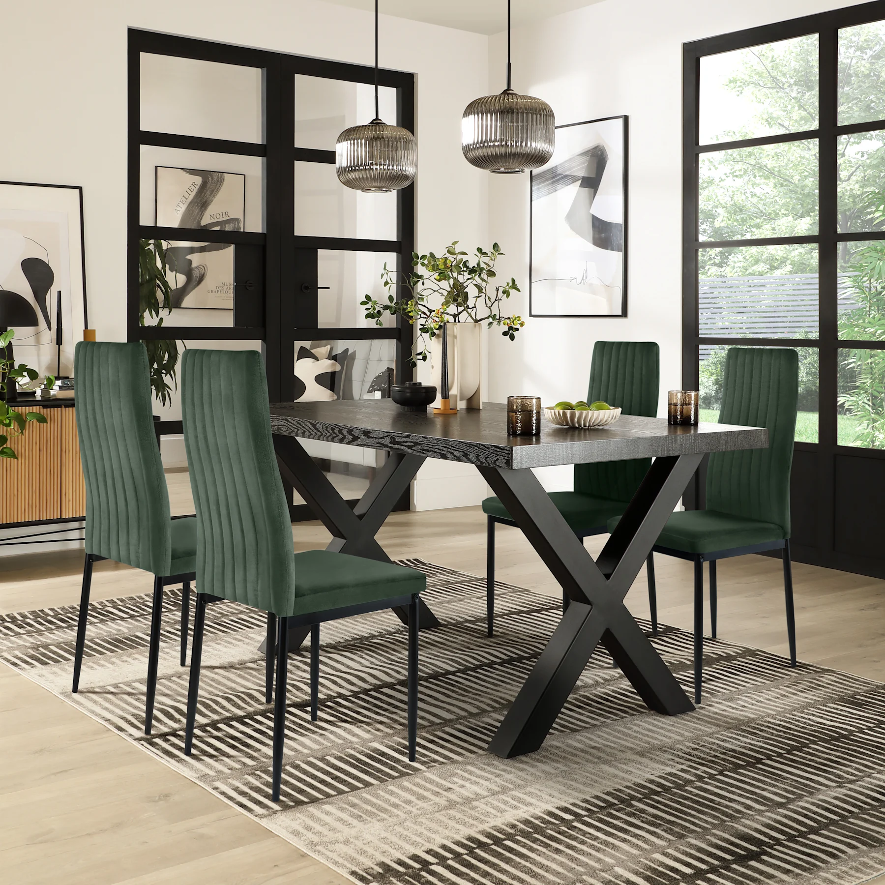 Franklin Dining Table & 4 Leon  Chairs, Black Oak Effect & Black Steel, Moss Green Classic Velvet, 150cm
