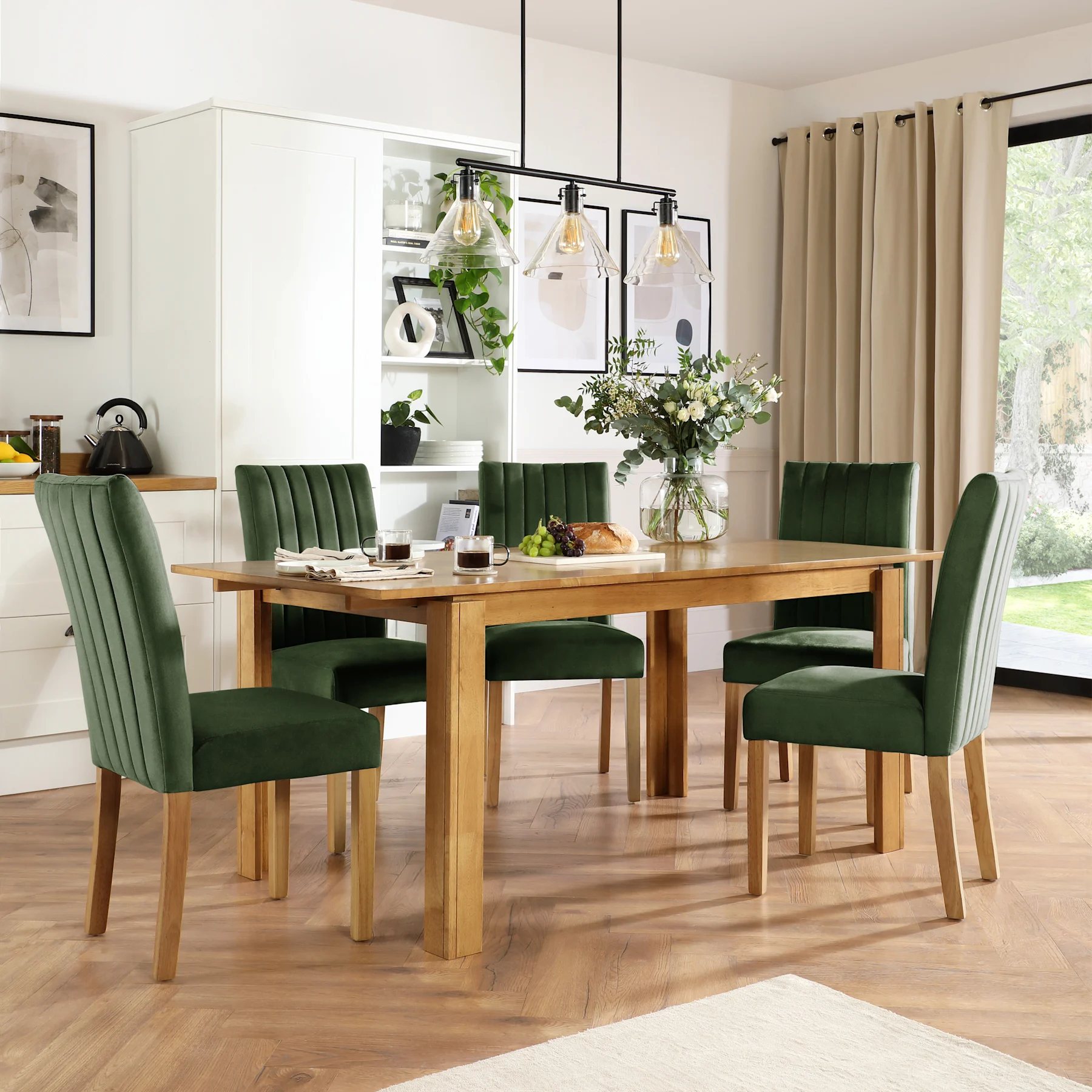 Bali Extending Dining Table & 4 Salisbury Chairs, Natural Oak Finished Solid Hardwood, Moss Green Classic Velvet, 150-180cm