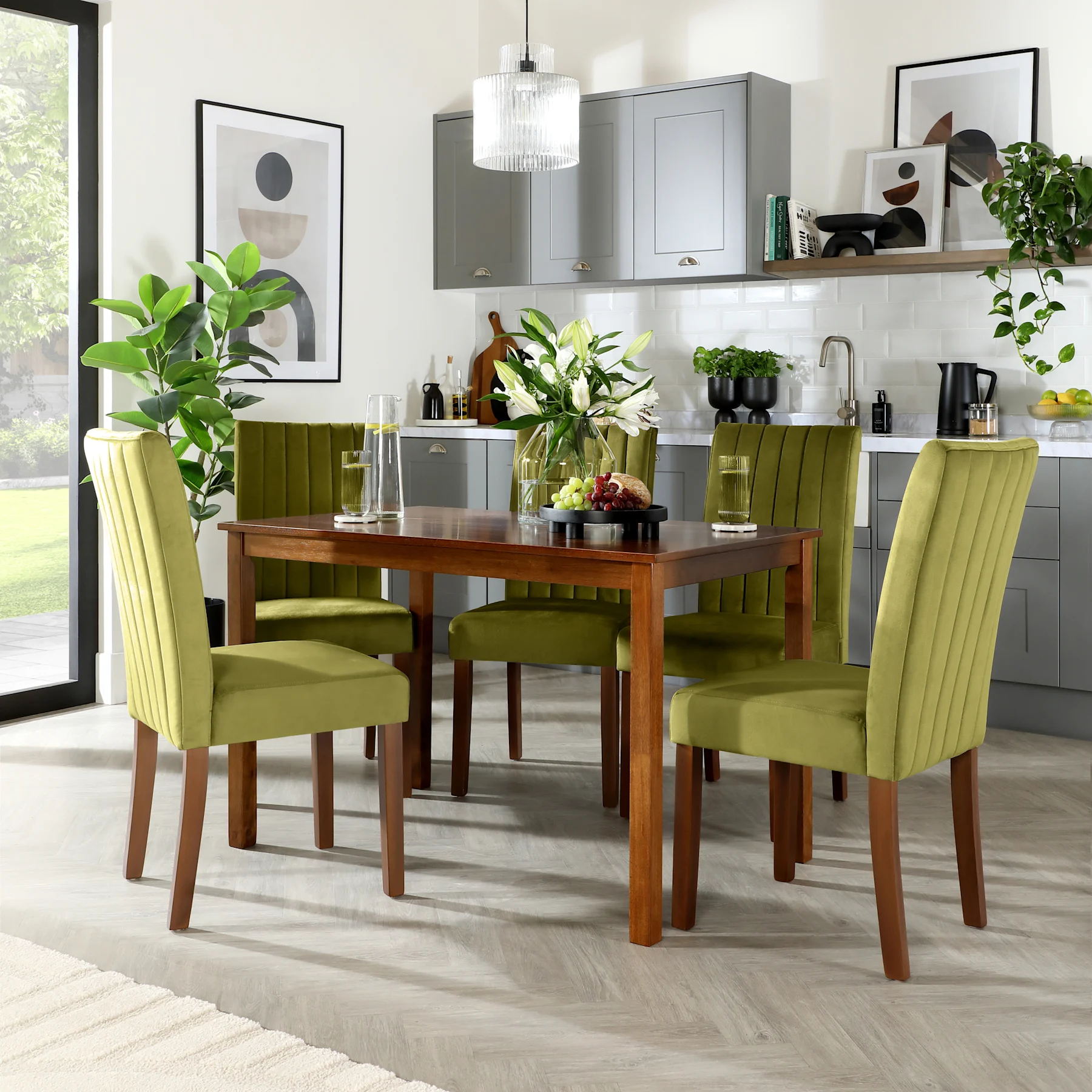 Milton Dining Table & 4 Salisbury Chairs, Dark Solid Hardwood, Olive Green Classic Velvet, 120cm