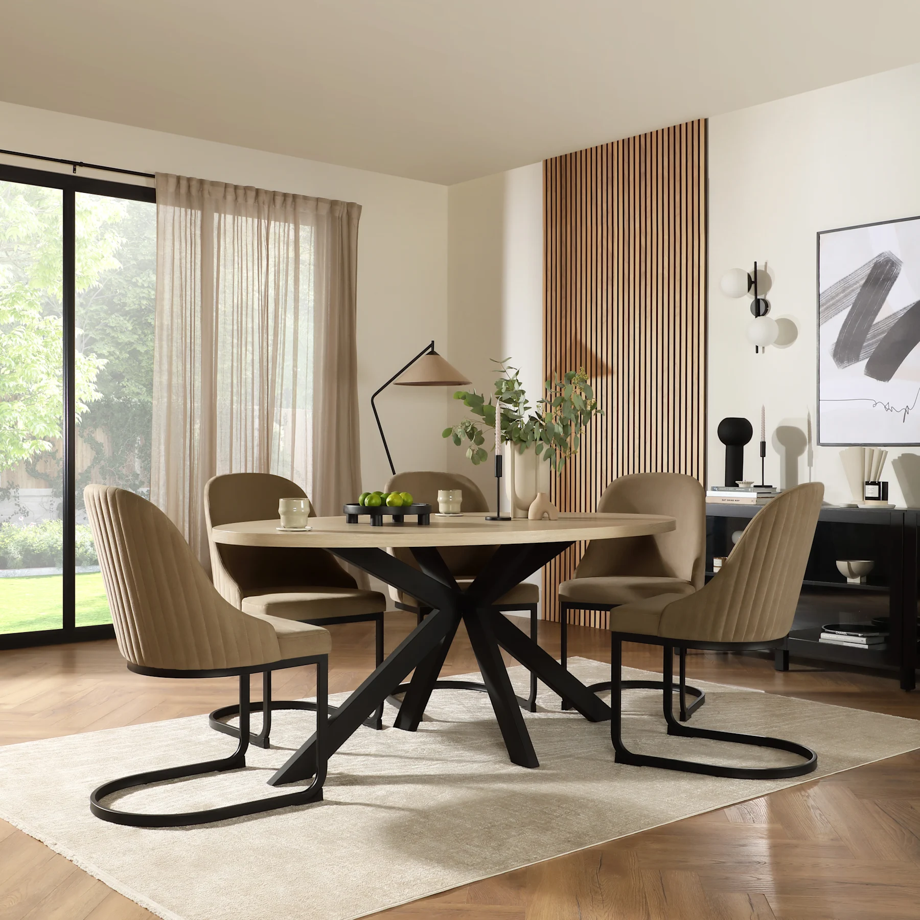 Madison Oval Dining Table & 4 Riva Chairs, Light Oak Effect & Black Steel, Beige Classic Velvet, 180cm