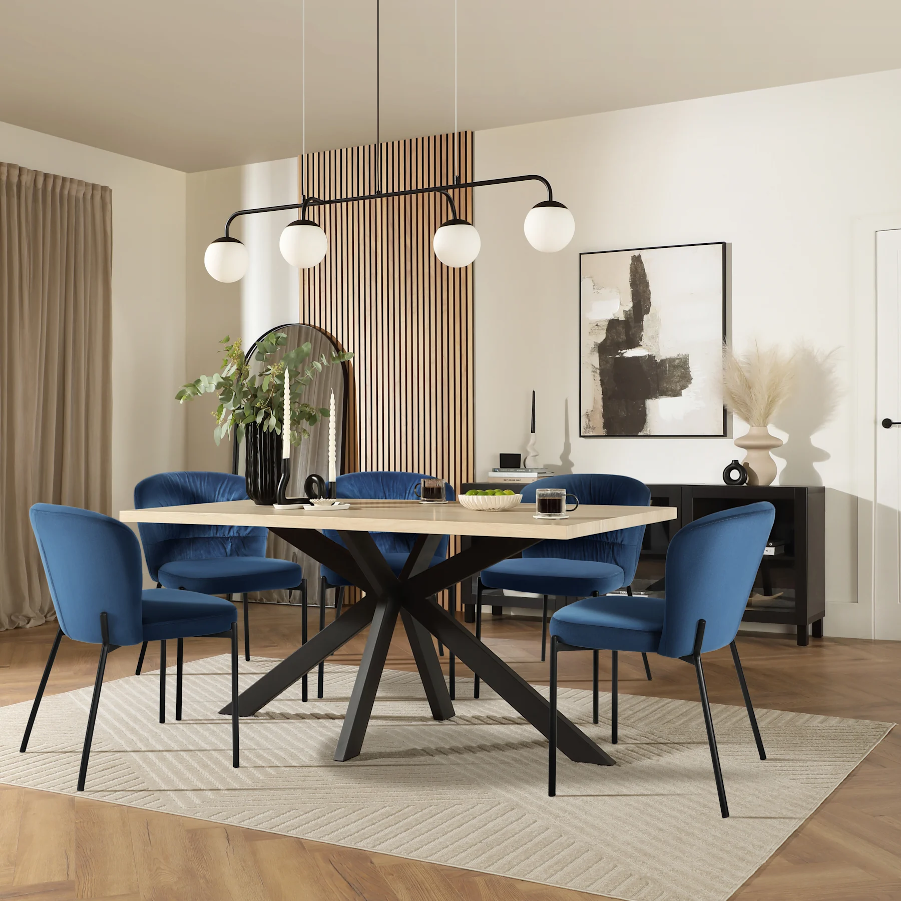 Madison Dining Table & 6 Gianna Chairs, Light Oak Effect & Black Steel, Blue Classic Velvet, 160cm