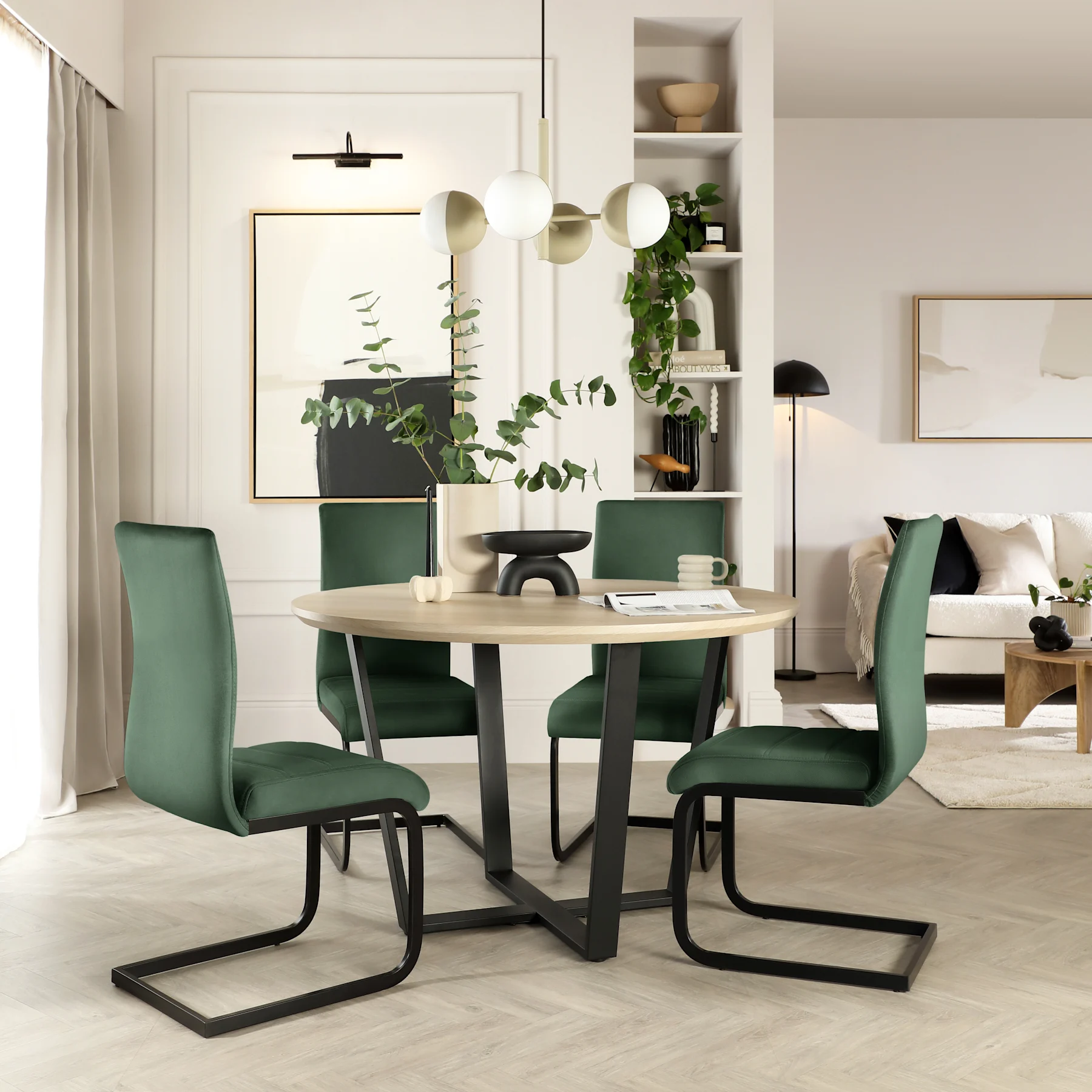 Traviso Round Dining Table & 4 Perth Chairs, Light Oak Effect & Black Steel, Moss Green Classic Velvet, 120cm