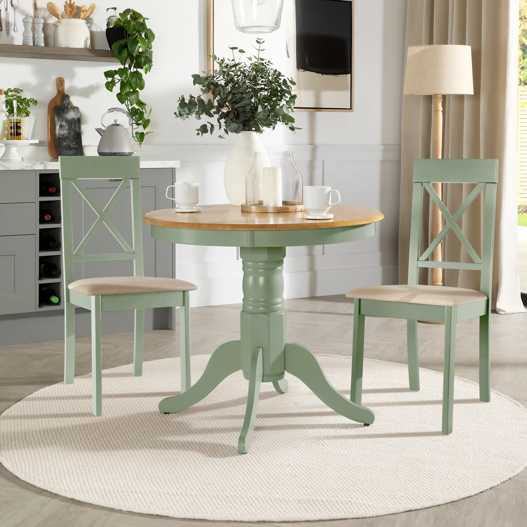 Kingston Round Dining Table & 2 Kendal Chairs, Natural Oak Finish & Sage Green Solid Hardwood, Oatmeal Classic Linen-Weave Fabric, 90cm