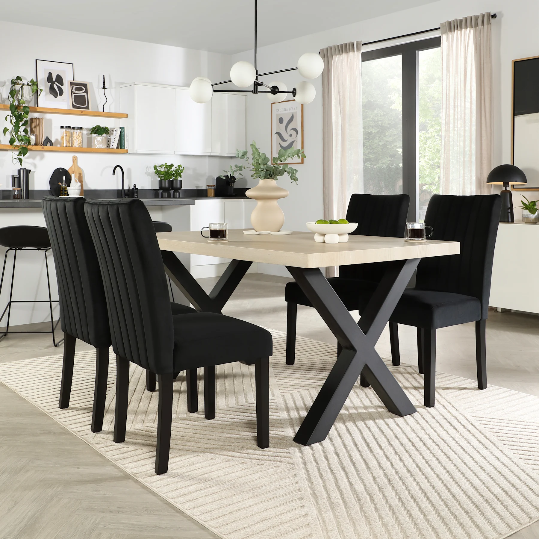 Franklin Dining Table & 4 Salisbury Chairs, Light Oak Effect & Black Steel, Black Classic Velvet & Black Solid Hardwood, 150cm