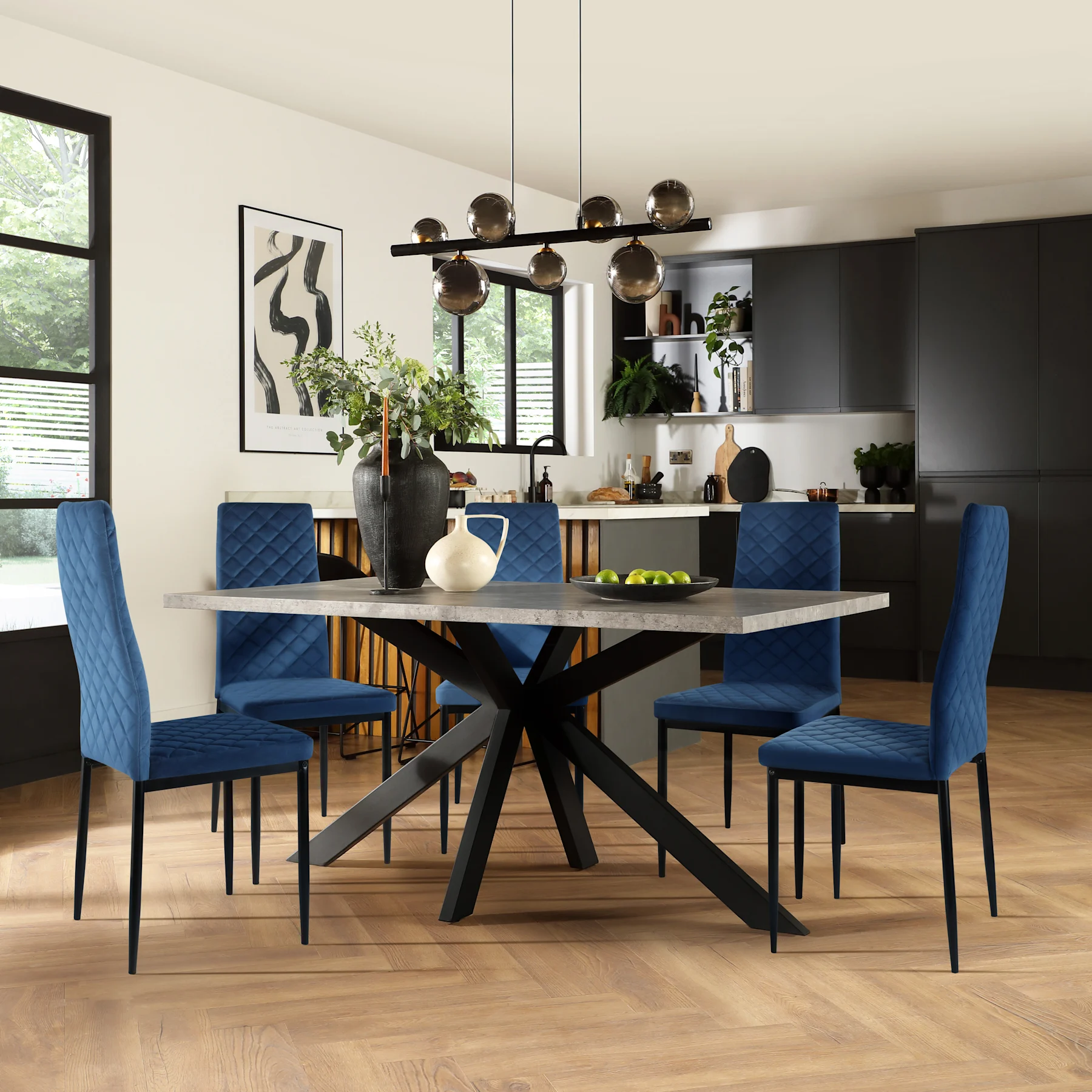 Madison Industrial Dining Table & 4 Renzo  Chairs, Grey Concrete Effect & Black Steel, Blue Classic Velvet, 150cm