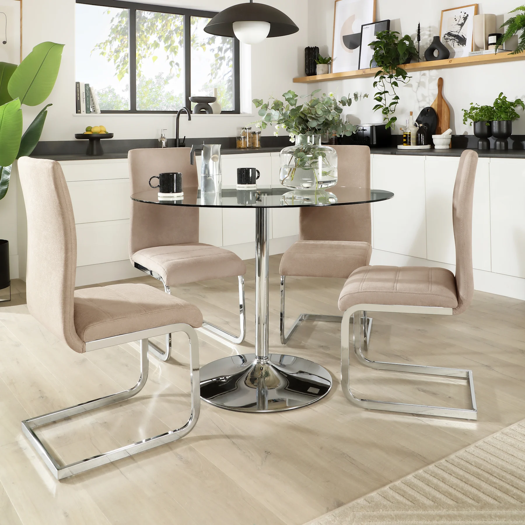 Orbit Round Dining Table & 4 Perth Chairs, Glass & Chrome, Beige Classic Plush Fabric, 110cm