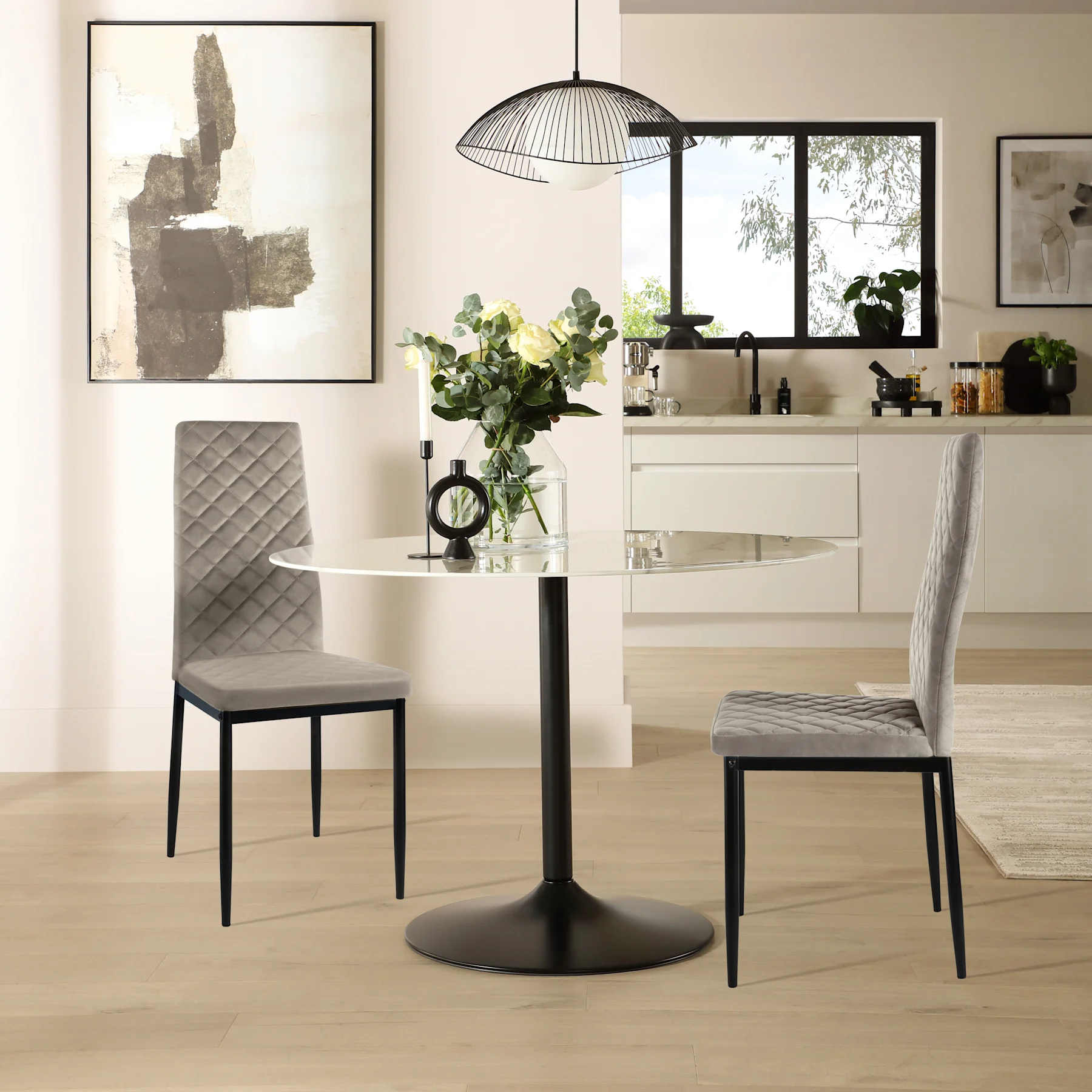 Orbit Round Dining Table & 2 Renzo  Chairs, White Marble Effect & Black Steel, Grey Classic Velvet, 150cm