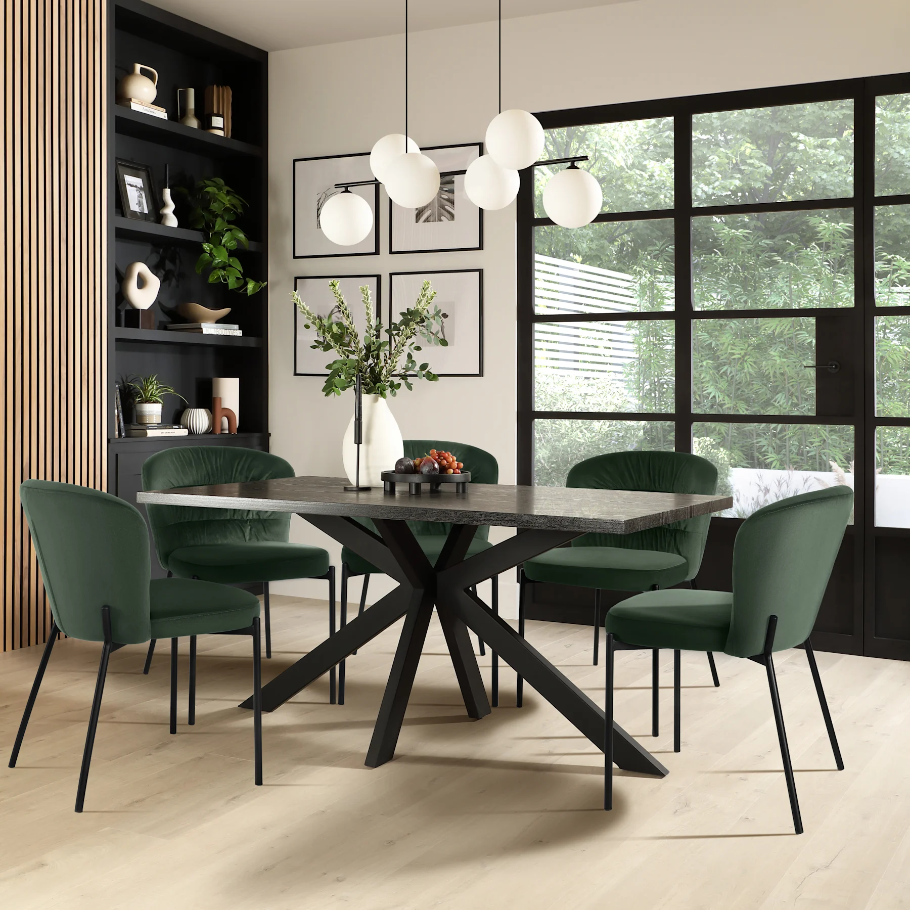 Madison Dining Table & 6 Gianna Chairs, Black Oak Effect & Black Steel, Moss Green Classic Velvet, 160cm