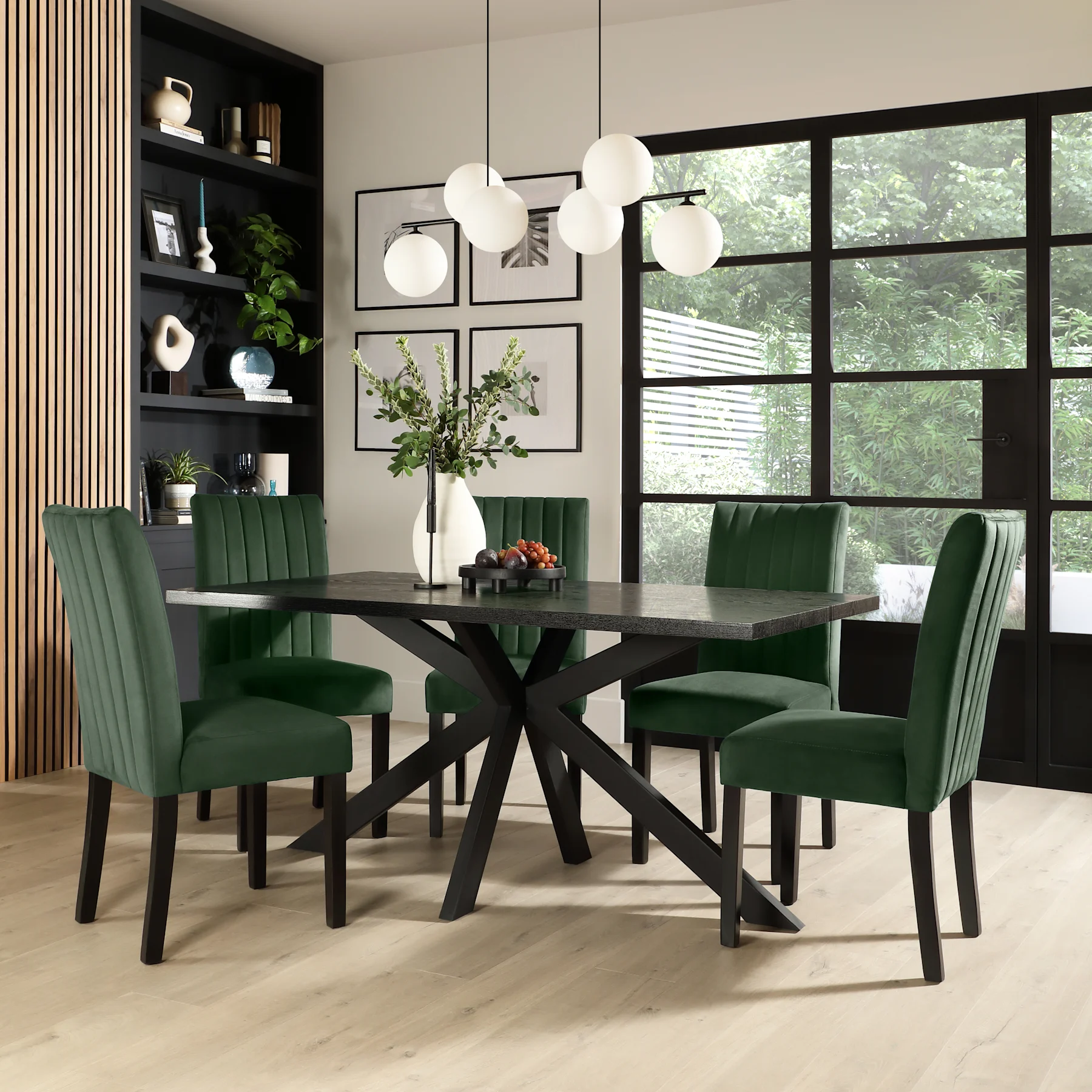Madison Dining Table & 6 Salisbury Chairs, Black Oak Effect & Black Steel, Moss Green Classic Velvet & Black Solid Hardwood, 160cm