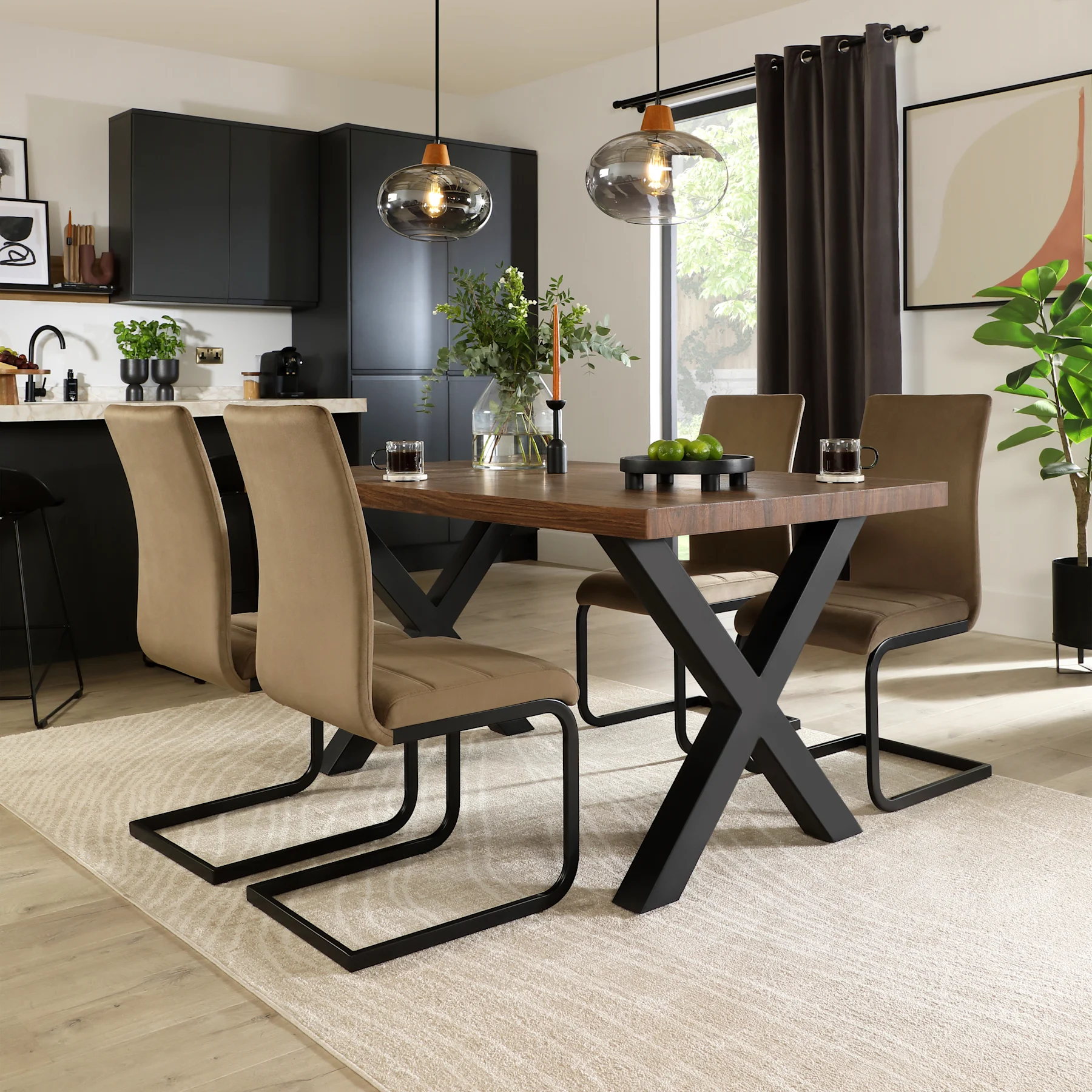 Franklin Industrial Dining Table & 4 Perth Chairs, Walnut Effect & Black Steel, Beige Classic Velvet, 150cm