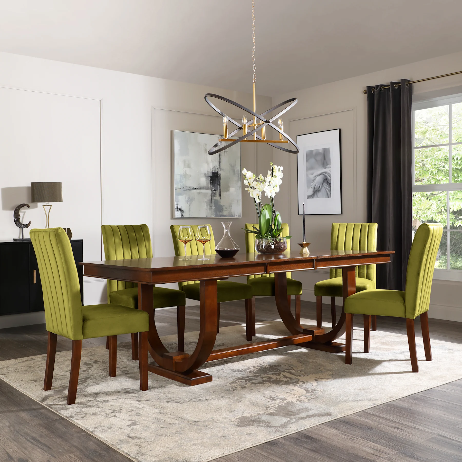 Pavilion Extending Dining Table & 8 Salisbury Chairs, Dark Oak Veneer & Solid Hardwood, Olive Green Classic Velvet & Dark Solid Hardwood, 180-225cm