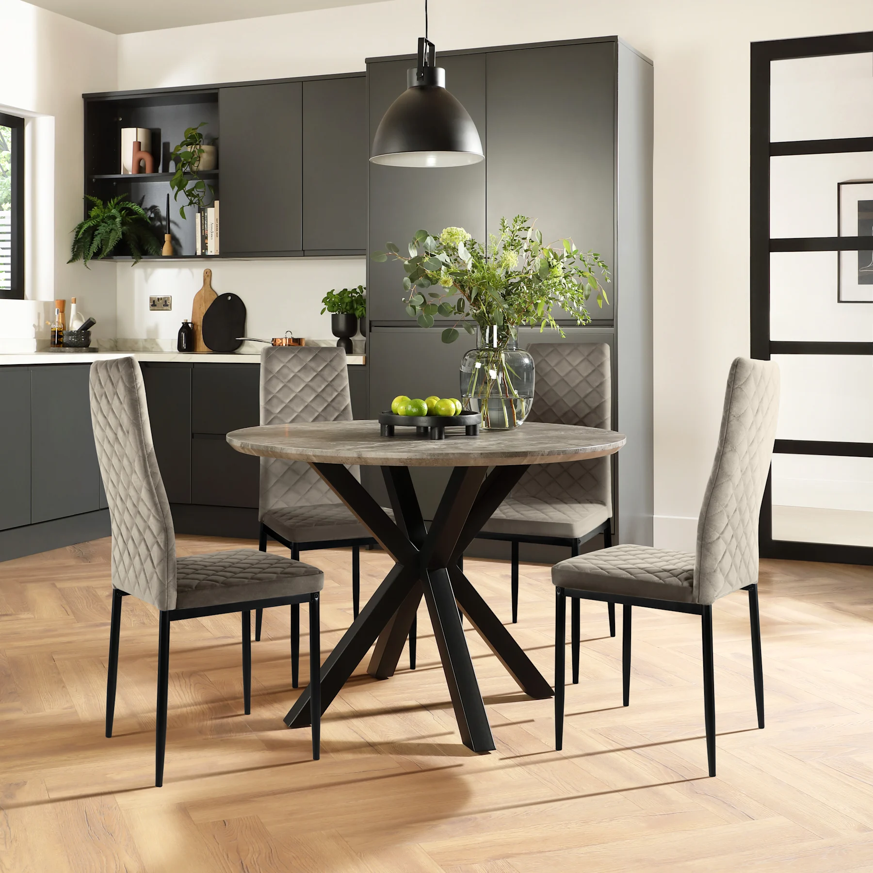 Newark Round Industrial Dining Table & 2 Renzo  Chairs, Grey Concrete Effect & Black Steel, Grey Classic Velvet, 150cm